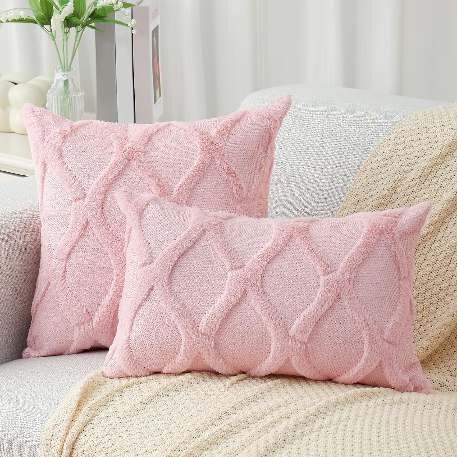 decorUhome Summer Throw Pillow Covers 18x18 Inch Set of 2, Soft Plush Faux Fur Wool Light Pink Accent Couch Pillow Covers for Modern Farmho…