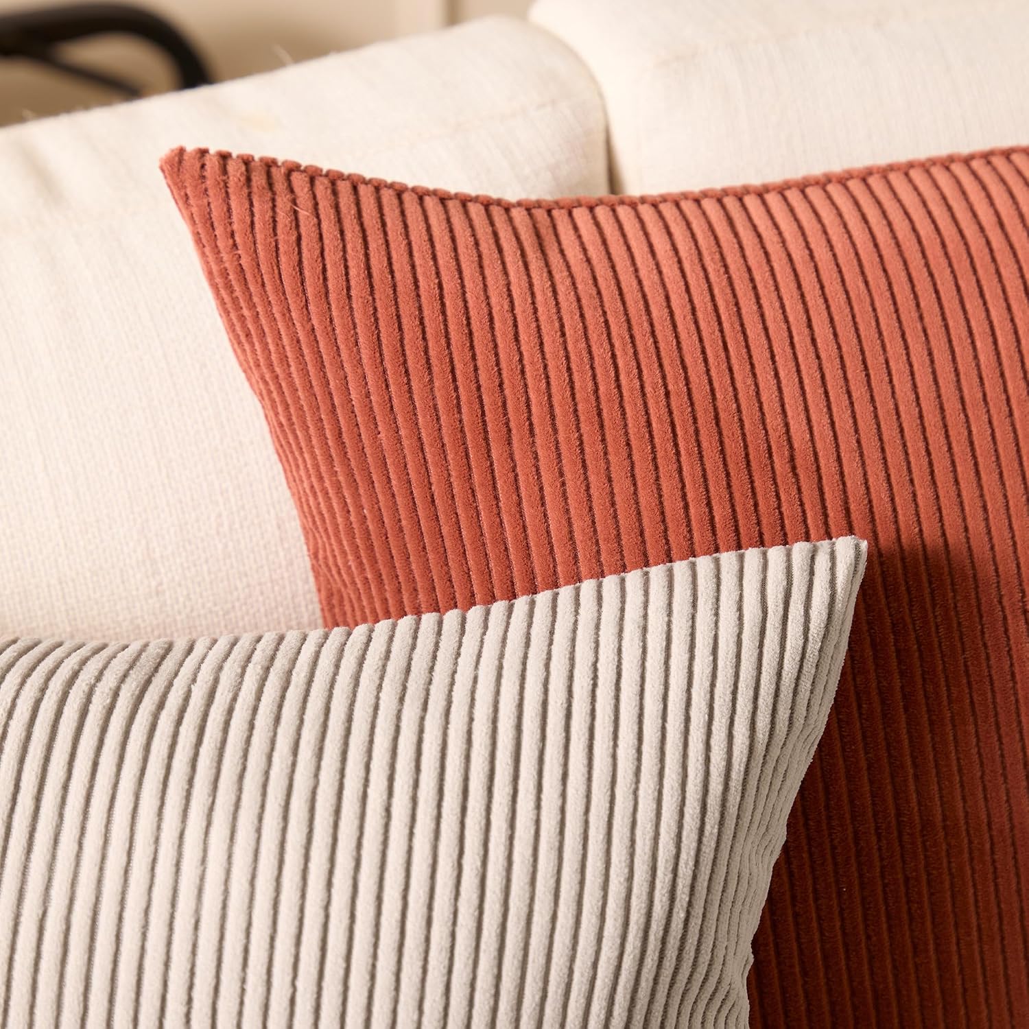 EncasaXO Encasa XO Corduroy Throw Pillows Covers 24"x24", Set of 2 Soft Textured Striped Boho Pillow Covers | Decorative and Cozy Cushion C…