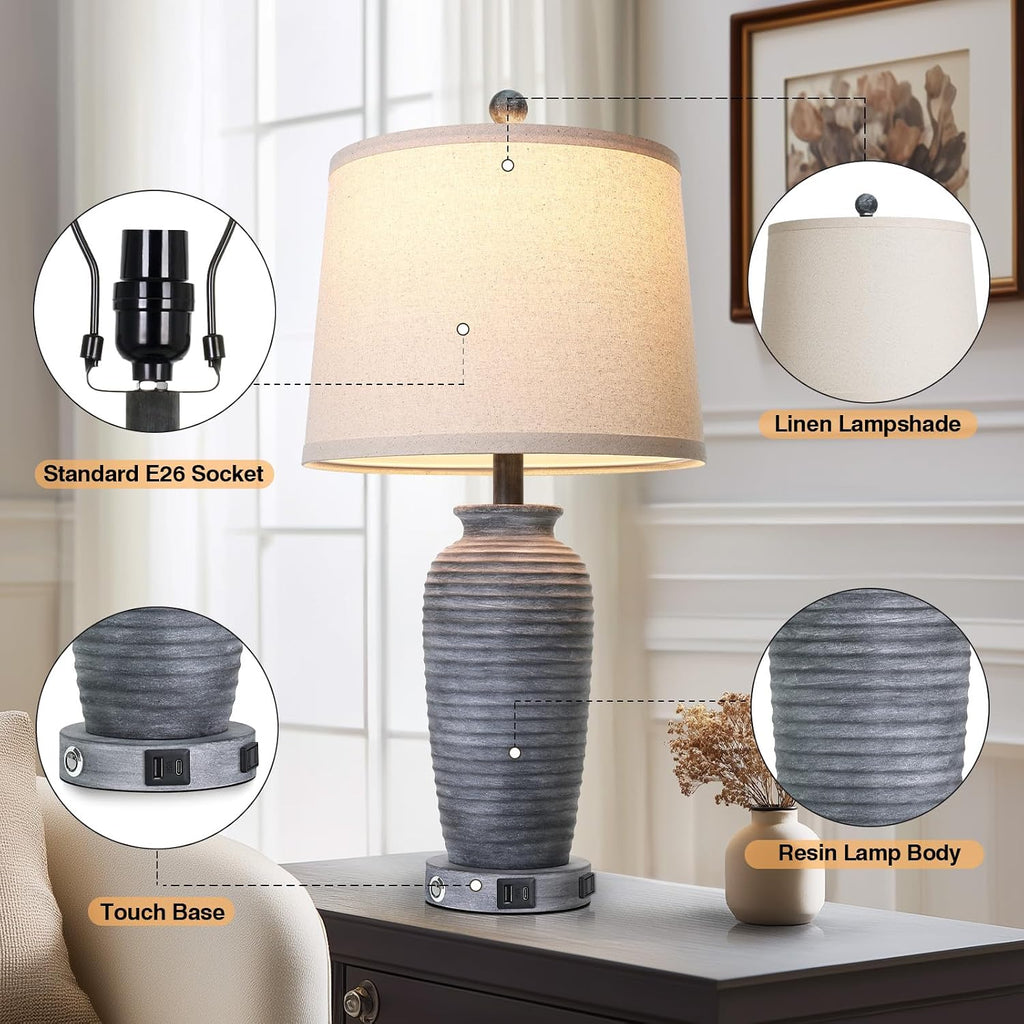 CINSARY 25" Retro Distressed Black Farmhouse Jar Table Lamps Set of 2, 3 Way Touch Control Rustic Bedside Lamps with USB A+C Ports & AC…