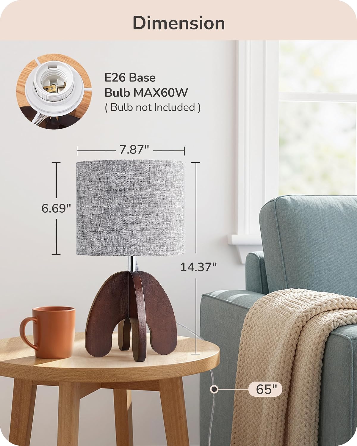 EDISHINE Modern Table Lamp with Integrated Four-Legged Wooden Base, Small Bedside Lamp with Grey Linen Lampshade, Cute Nightstand Lamp…