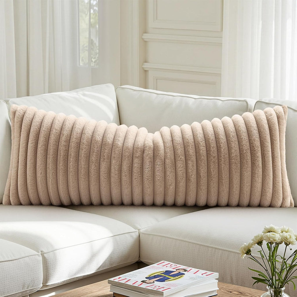 decorUhome Cozy Faux Fur Throw Pillow Covers 14x36 Set of 1 Decorative Soft Plush Striped Lumbar Modern Farmhouse Boho Couch Pillow Cases w…
