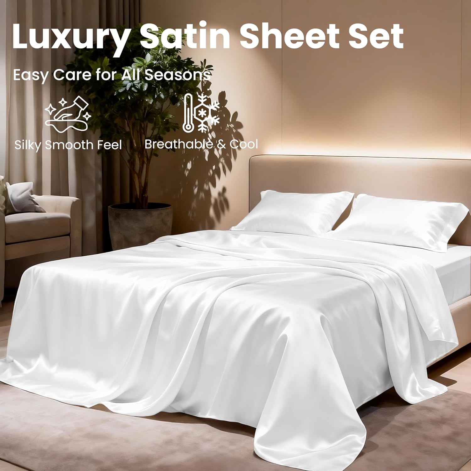 Lovescabin Love's cabin California King Satin Sheet Sets - 4 Piece White Silky Sheets Bed Set with Deep Pocket, Luxury Silk Feel Satin Cal…