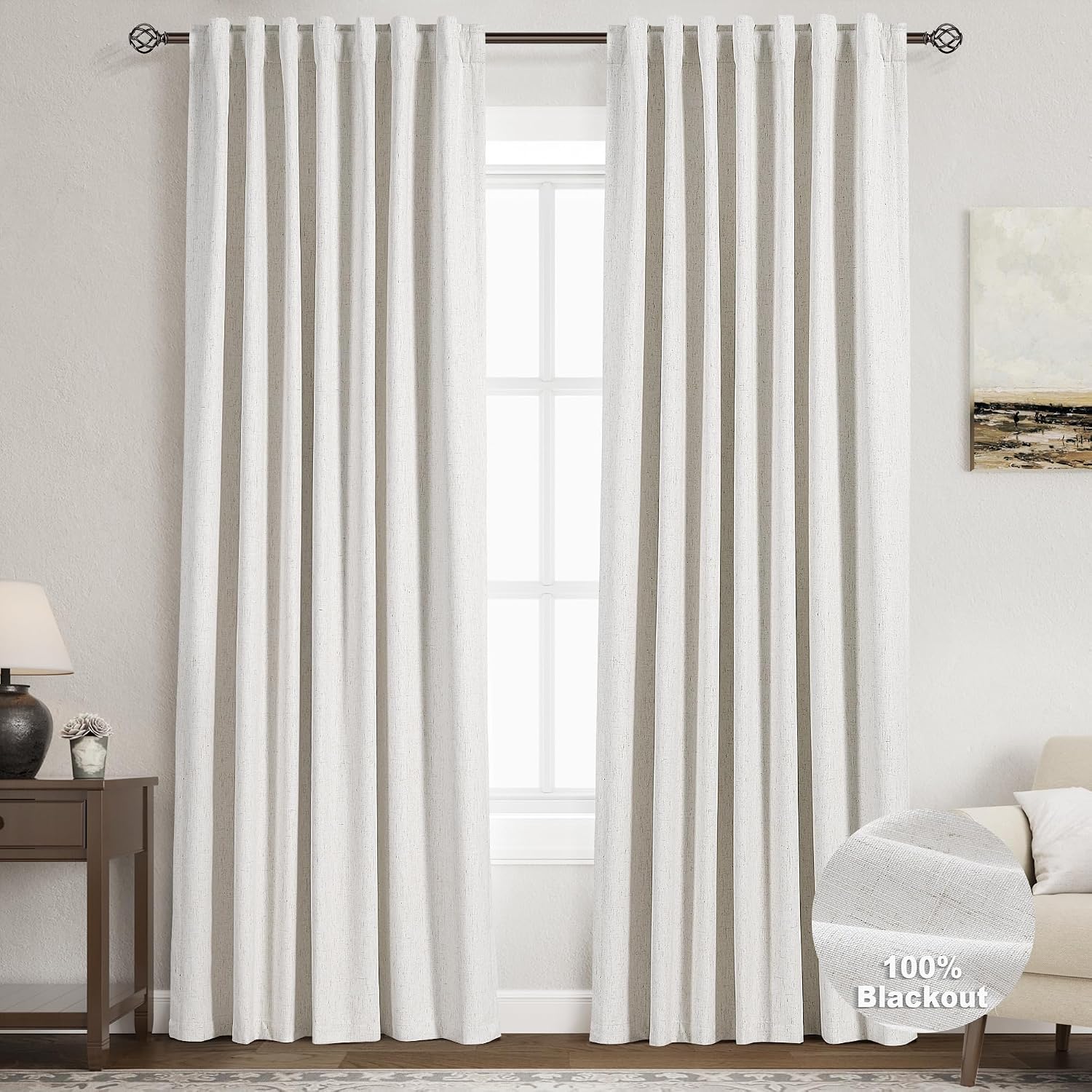 Nanspring 100% Blackout Linen 80 Inch Curtains for Bedroom Living Room Back Tab Cream Black Out Curtain Luxury Thermal Insulated Boho Moder…