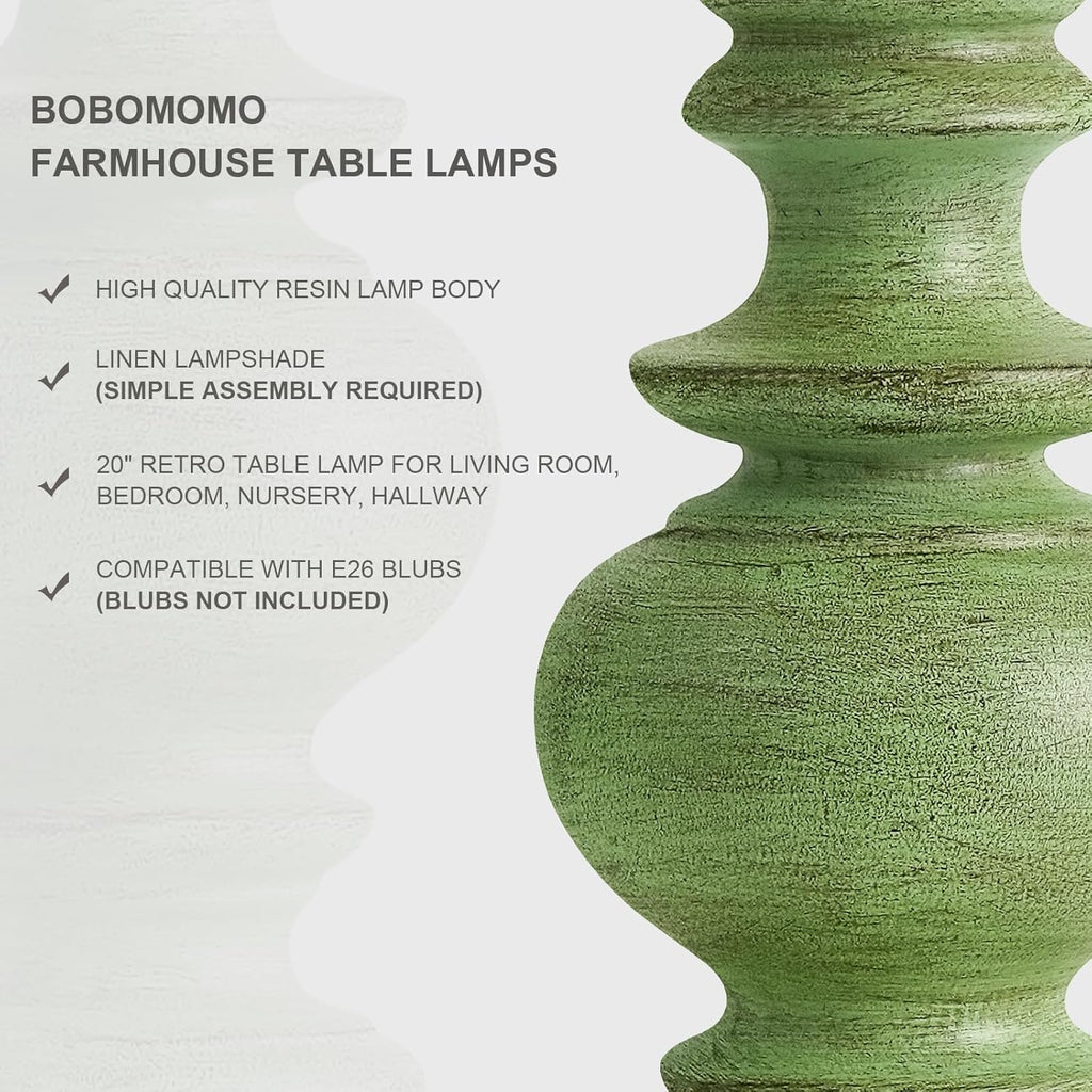 BOBOMOMO 20" Sage Green Table Lamps Set of 2 – Farmhouse Resin Bedside Lamps with Linen Shades, Handcrafted Traditional Rustic Lamp for…