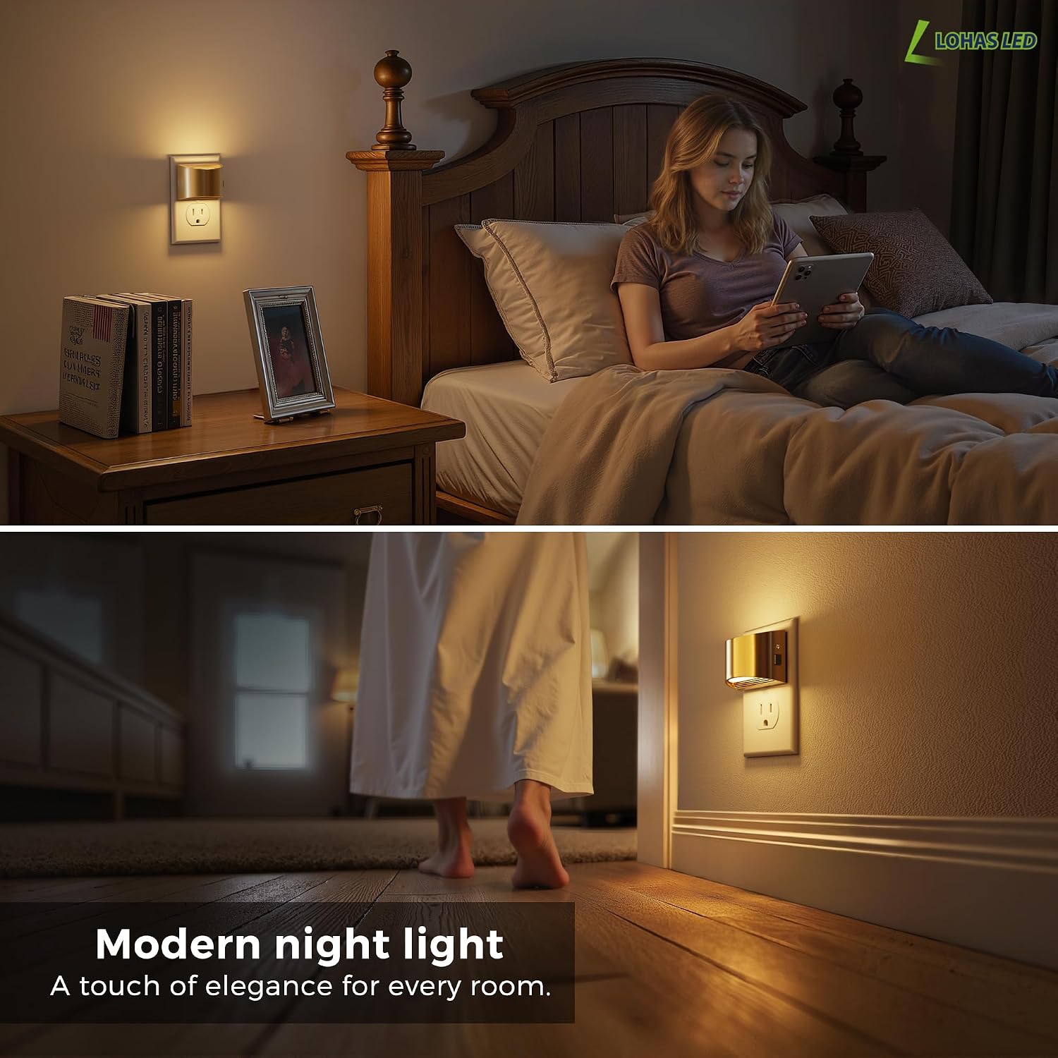 L LOHAS LED Night Lights Plug into Wall, Dimmable Night Light with 3 Level Brightness, 3000K Soft White, 2 Pack, Gold