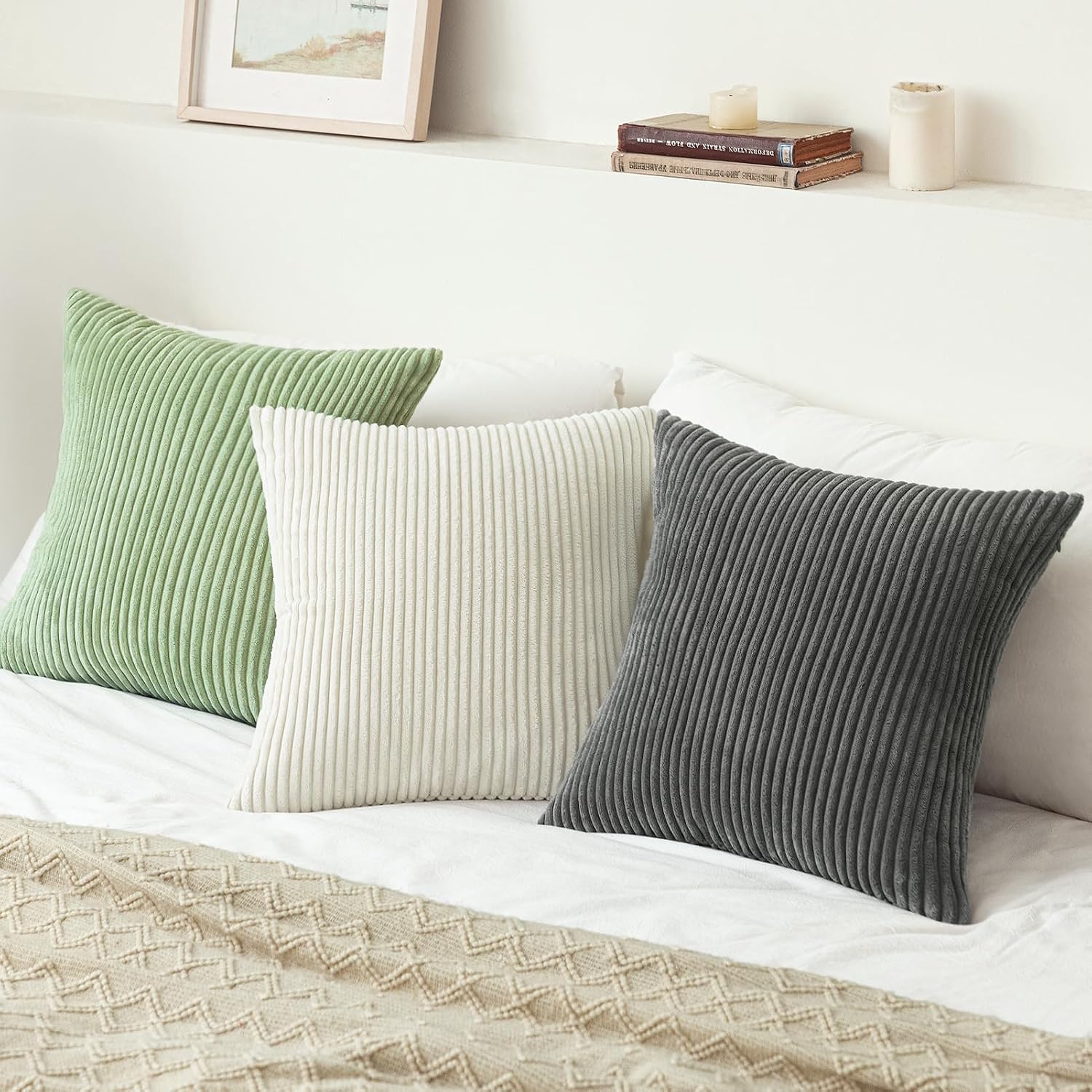 Softalker Throw Pillow Covers 18x18, Set of 2 Decorative Soft Corduroy Striped Boho Pillow Covers, Outdoor Cushion Pillow Cases for Spring,…