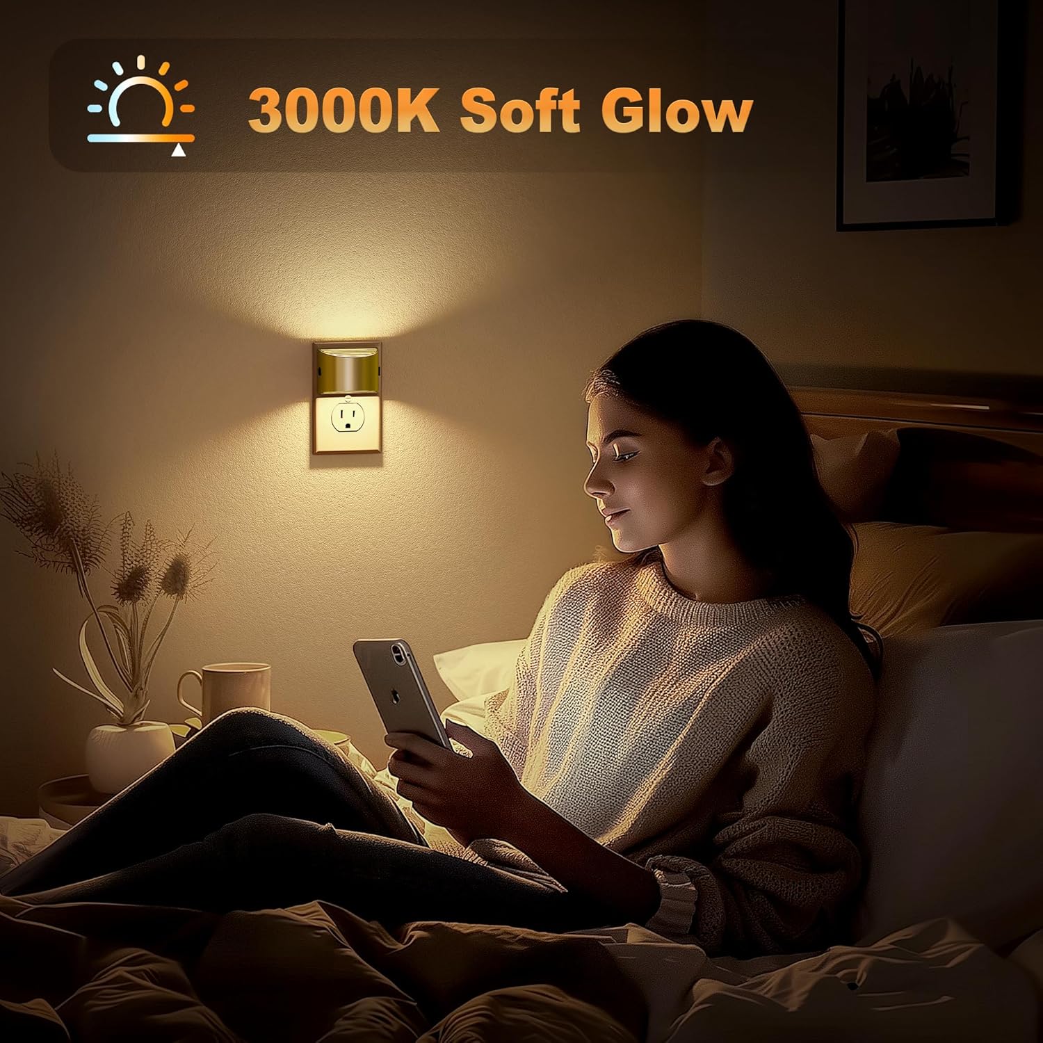 JandCase LED Night Lights Plug into Wall, 2 Pack Gold Modern Night Lights, Dusk to Dawn Sensor Nightlight,0-100LM Brightness Adjustable…