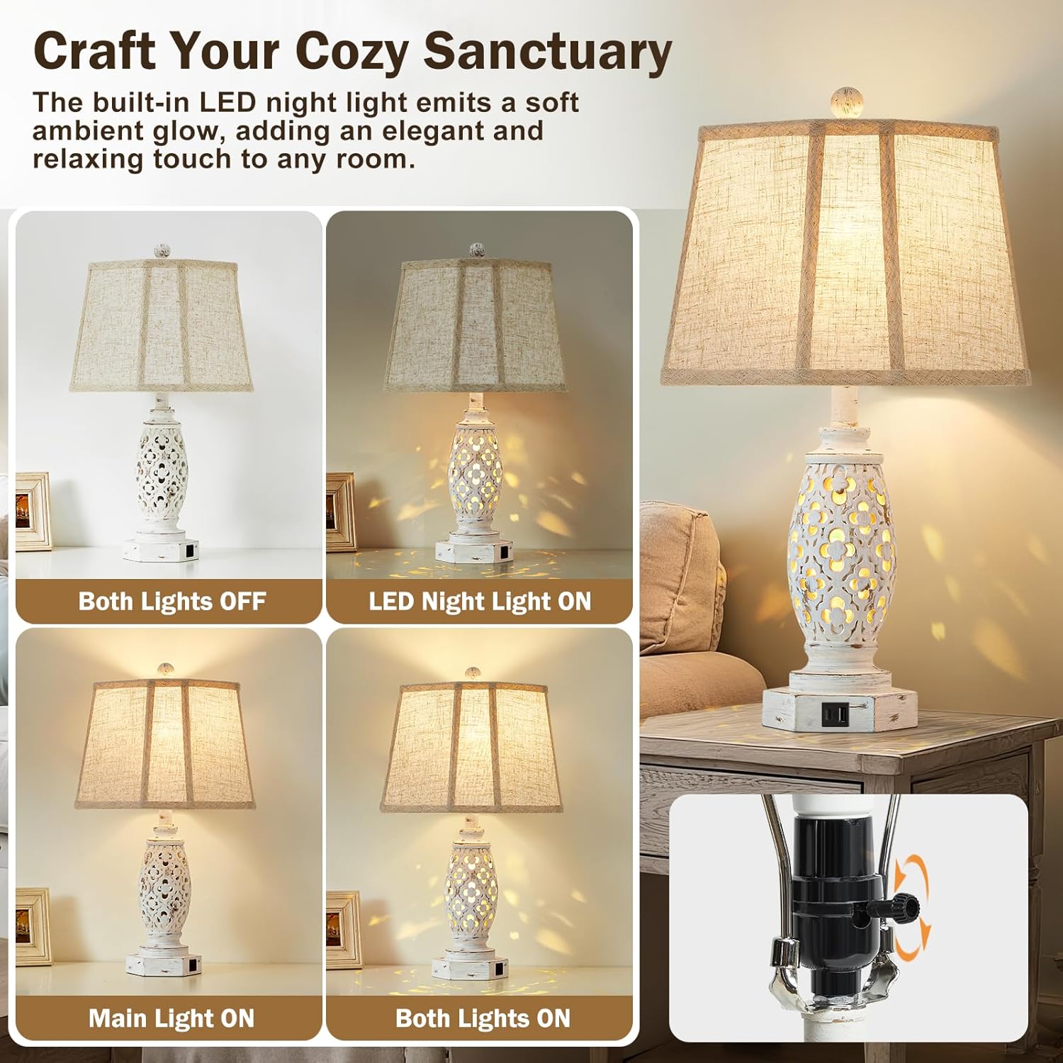 Lamps for Night Stands Set of 2-23.5" Bedside Lamp with USB A+C and Nightlight - Rustic Farmhouse Table Lamp for Bedrooms, End Tables…