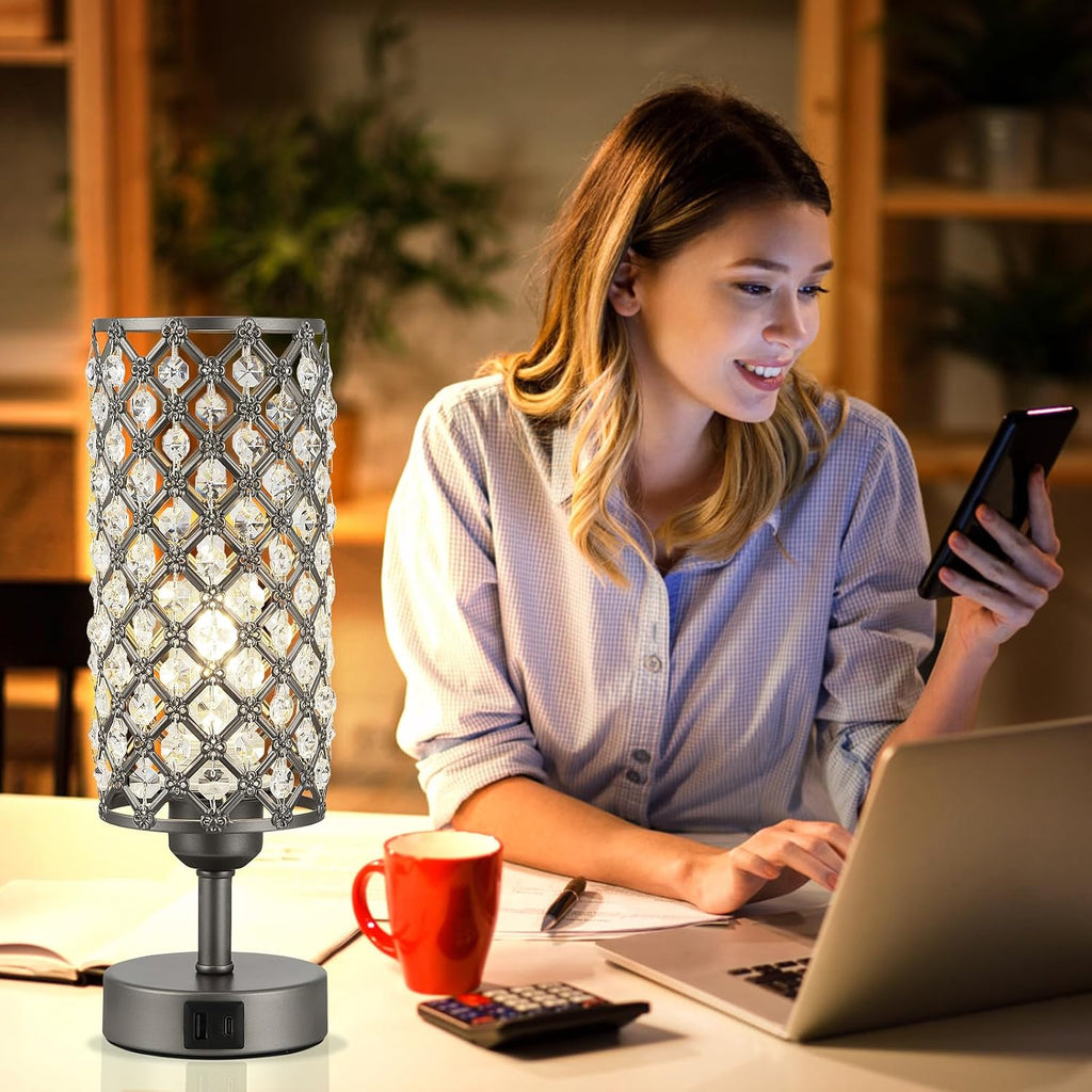 Hong-in Gray Crystal Table Lamp - 3-Way Dimmable Touch Control, Bedside Lamp with USB C and A Ports, Nightstand Light for Living Room…