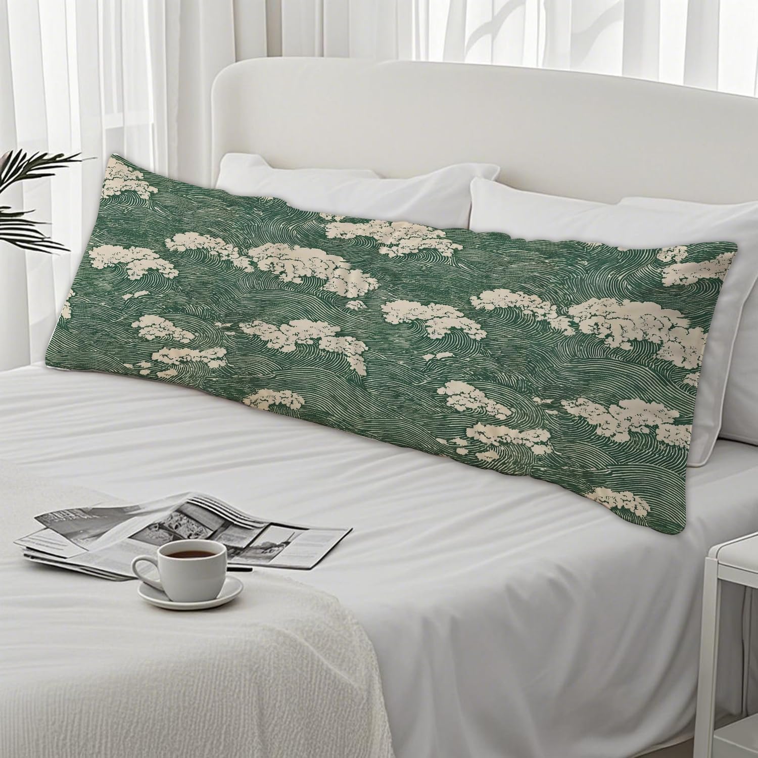 Japanese Waves 20x54 Body Pillow Cover, Japandi Home Decor, Traditional Oriental Forest Green Sea Waves Decorative Long Body Pillow Cases…
