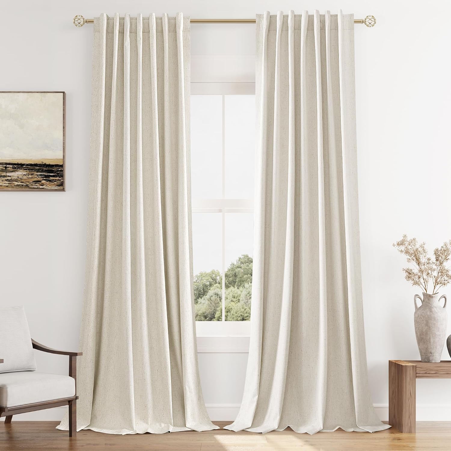 Guken 100% Blackout Linen Curtains 126 Inch Length 2 Panels Set for Living Room Bedroom Back Tab Thermal Insulated Black Out Drapes Room Da…