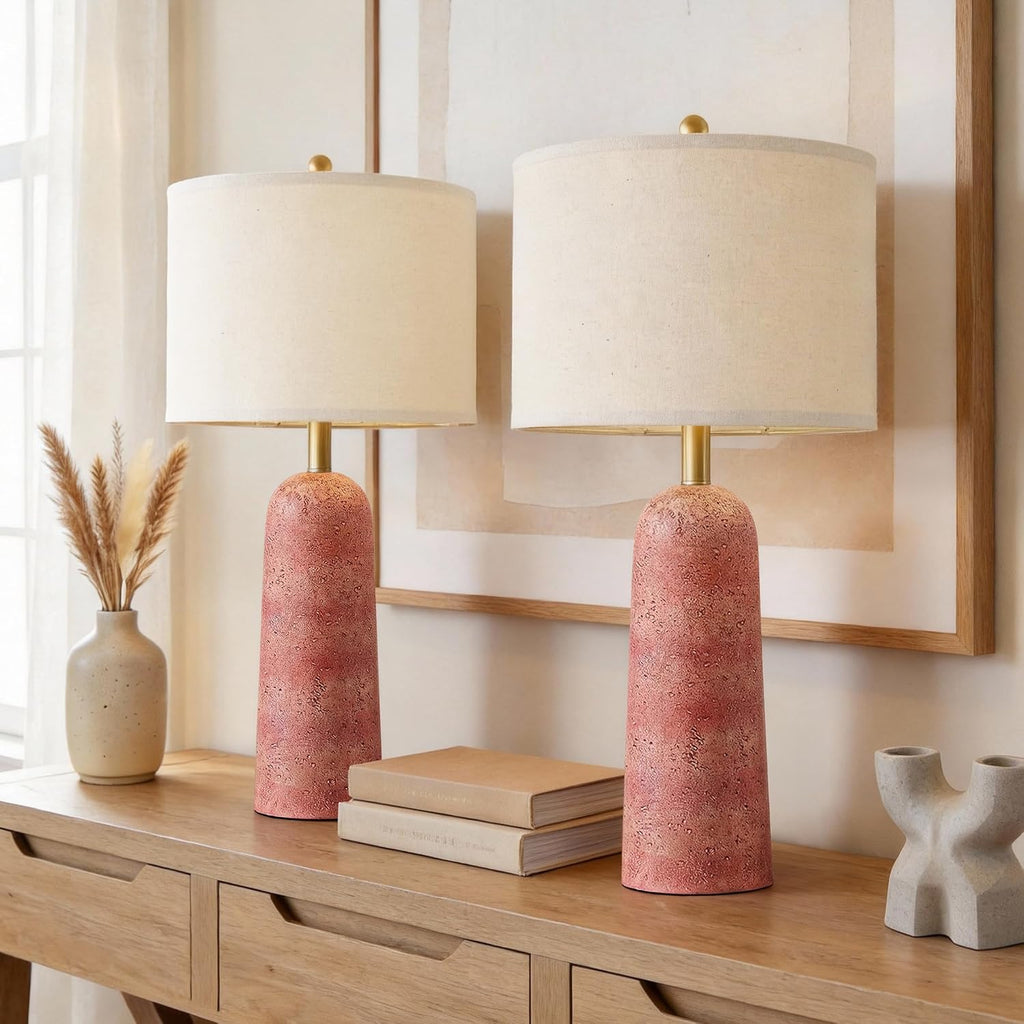BOBOMOMO 27.25" Modern Table Lamp Set of 2, Red Resin Table Lamps with Stone Look, Lamps for Living Room with Linen Shades, Bedside Lamps…