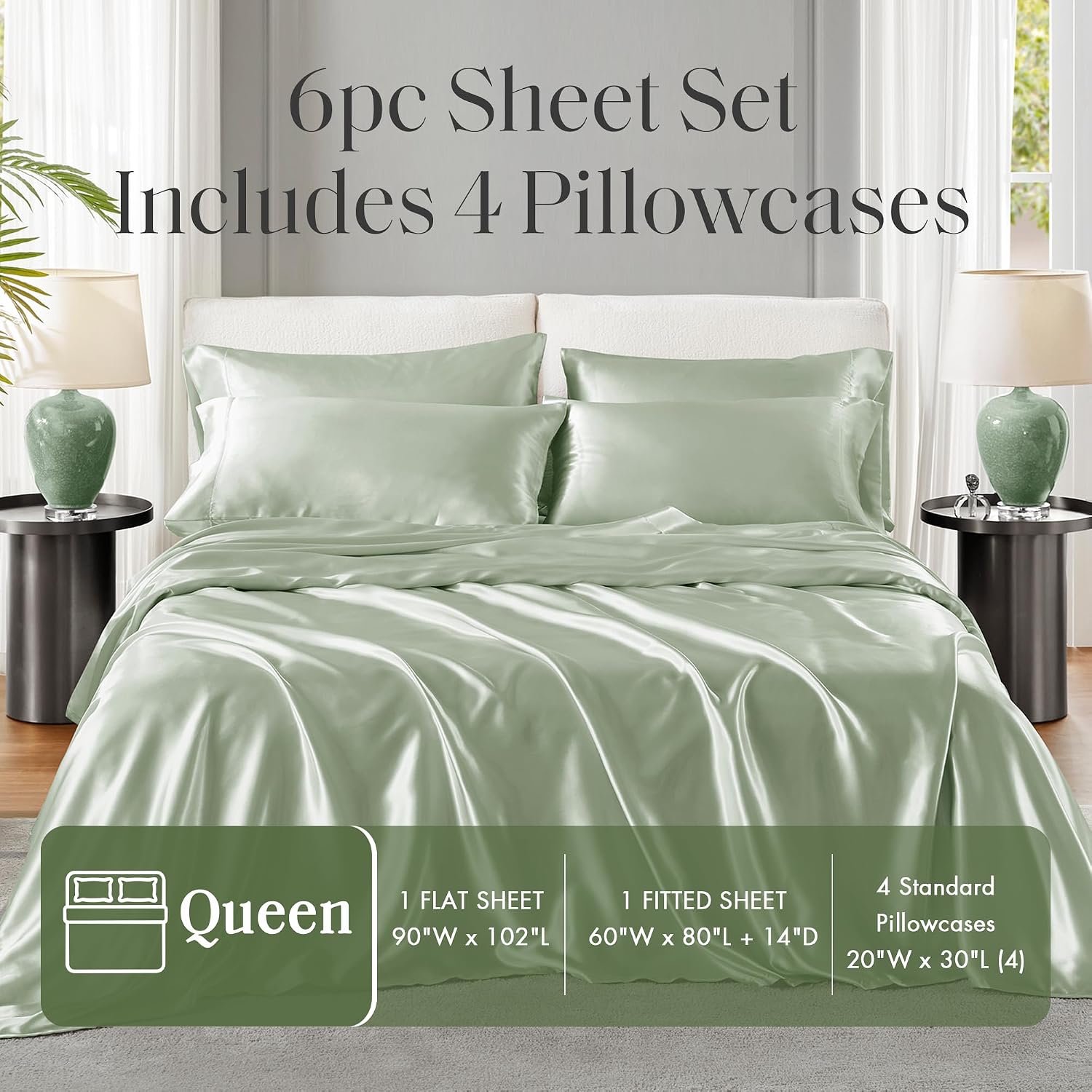 Madisonpark Madison Park Luxurious Satin Bed Sheets, Queen Size, Elastic 14" Pocket Fits up to 16" Mattress, Wrinkle-Free, Soft Satin Sheet…