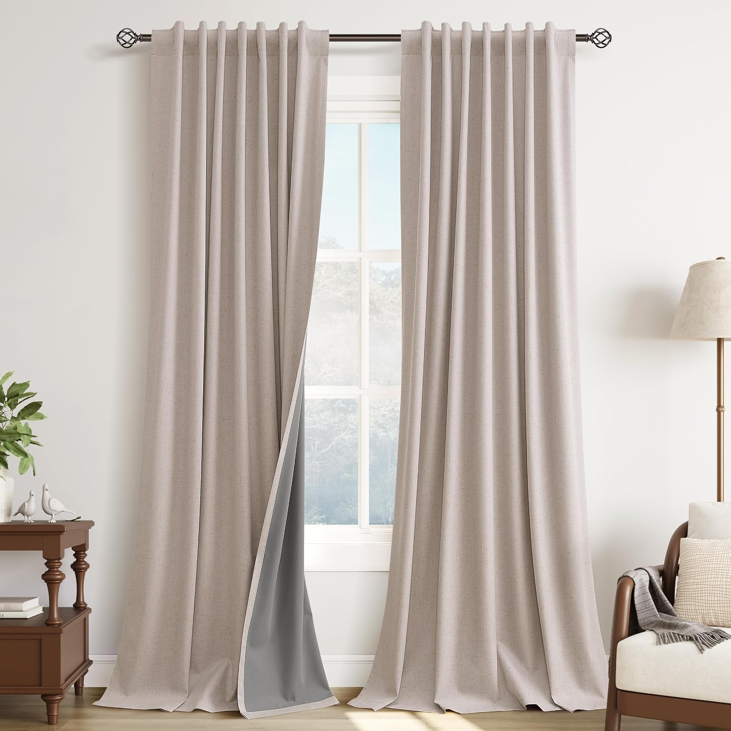 Guken Champagne Linen 100% Blackout Curtains 102 Inches Long Modern Black Out Light Blocking Noise Cancelling Back Tab Hook Belt Curtain fo…