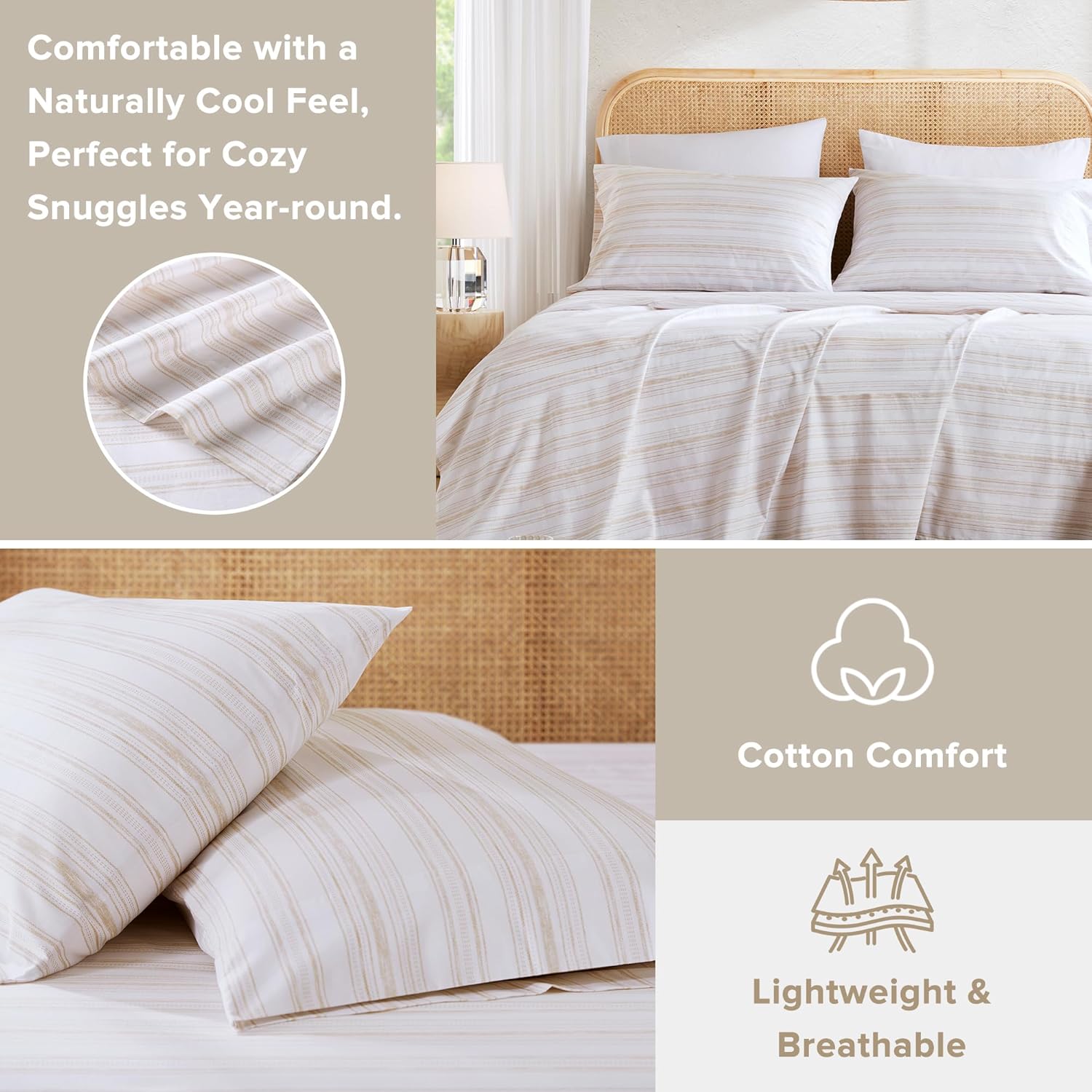 ComfortSpaces Comfort Spaces 100% Cotton Sheets Full, Breathable, Naturally Cool Cotton Sheets, Cotton Bed Sheets with 14" Elastic Pocket F…
