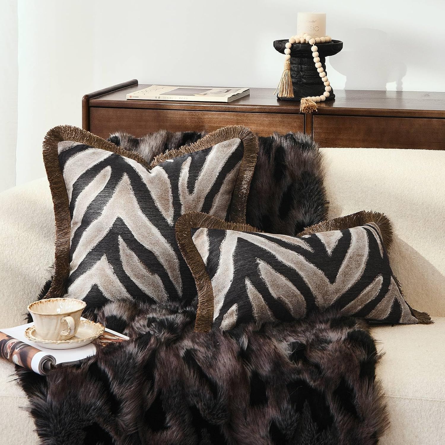 Aibuhome Luxury Zebra Lumbar Pillow Cover with Brown Tassel Trim, Zebra Pattern Jacquard Design Decorative Pillow Case for Sofa Bedroom Liv…