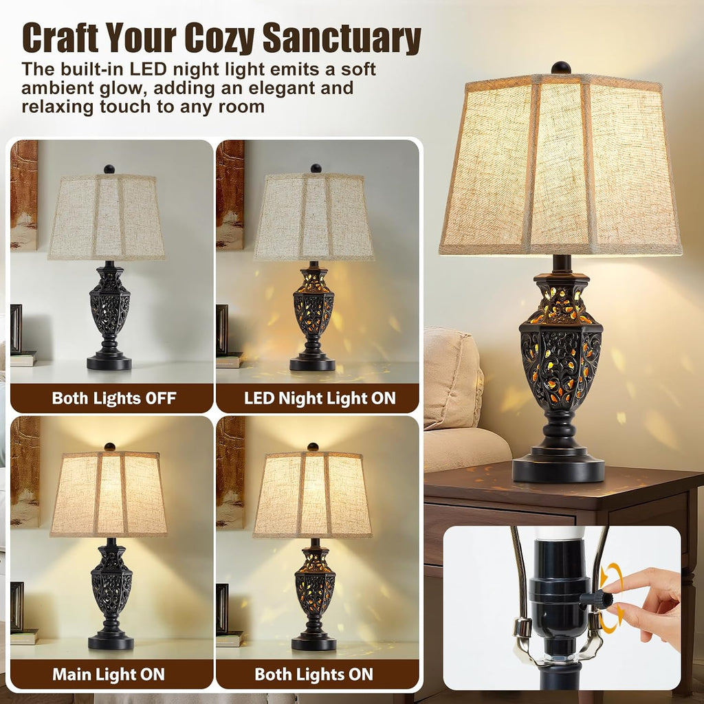 EJIAXIN Lamps for Night Stands Set of 2-23.5" Vintage Bedside Lamp with USB A+C and Nightlight - Black Retro Carved Resin Farmhouse Table…