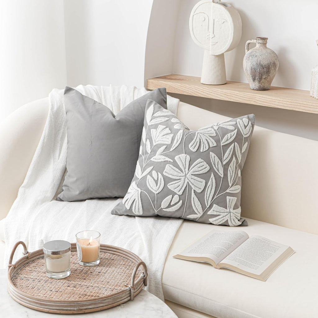 BlissBlush Gray Floral Pillow Cover 20x20 Inch, Velvet Square Throw Pillow Cover Soft Decorative Farmhouse Accent Couch Pillow Cover for…