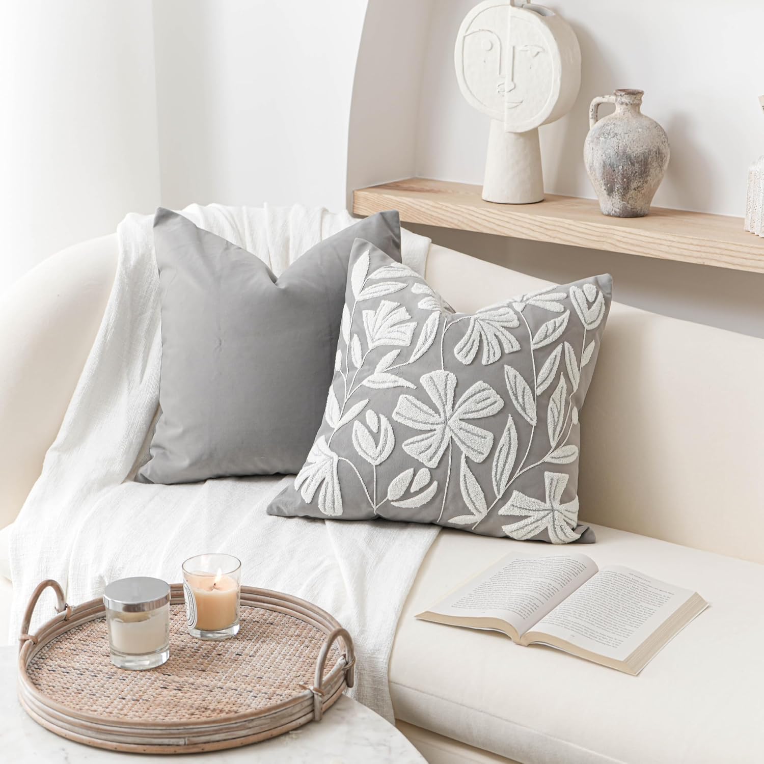 BlissBlush Gray Floral Pillow Cover 20x20 Inch, Velvet Square Throw Pillow Cover Soft Decorative Farmhouse Accent Couch Pillow Cover for…