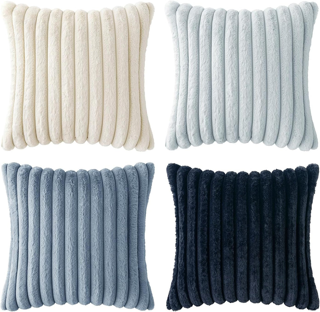 Miulee Faux Fur Plush Decorative Throw Pillow Covers 18x18 Set of 4, Summer Modern Soft Fuzzy Coastal Striped Cushion Covers for Sofa Couch…