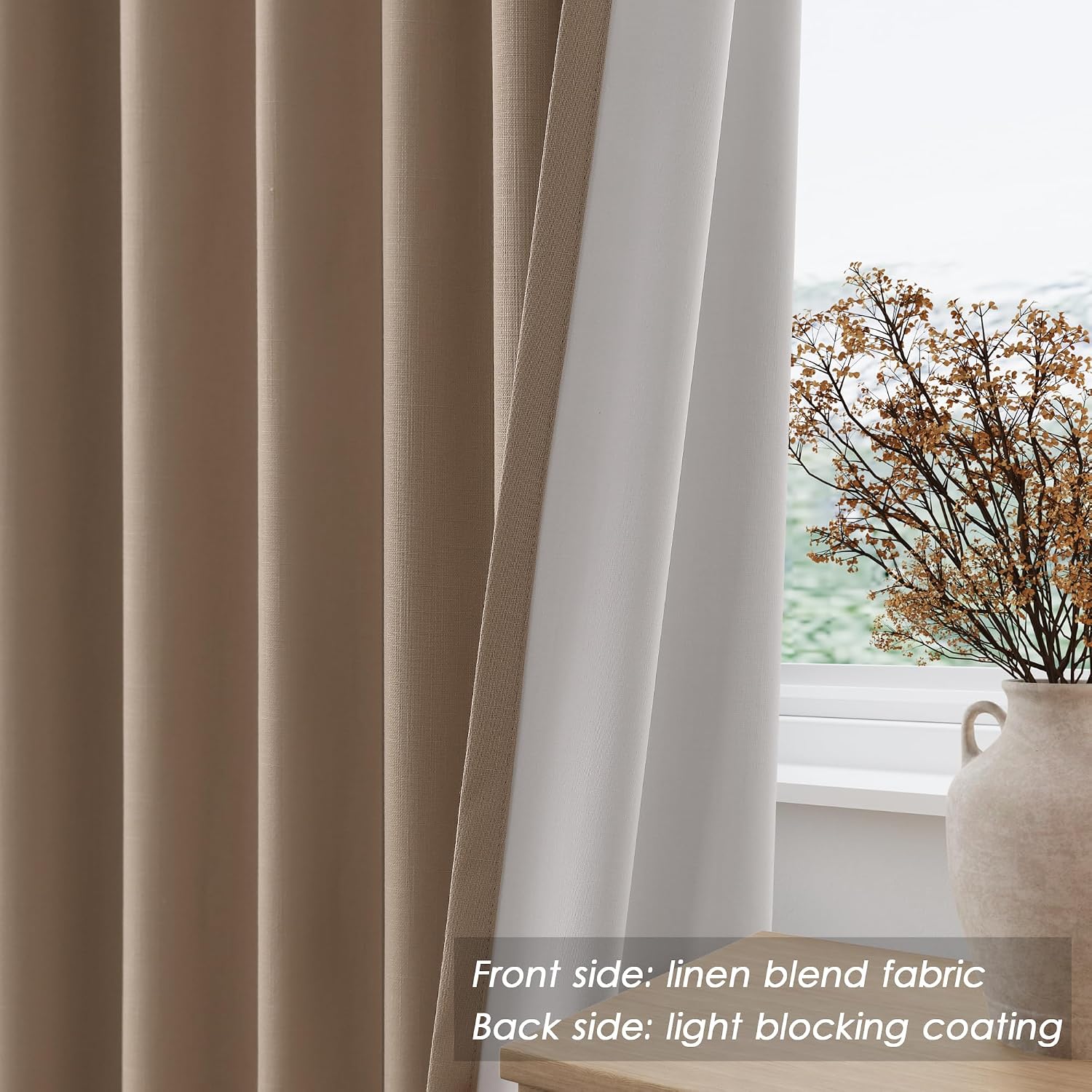 Nanspring Tan 100% Blackout Linen Curtains for Bedroom 120 Inches Long Back Tab Thermal Insulated Farmhouse Boho Decor Black Out Curtain fo…