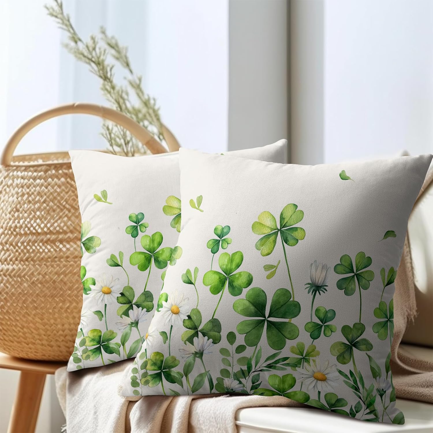 Granbey Saint Patrick Day Throw Pillow Covers Lucky Clover Shamrocks Daisy Floral Pillowcase 20x20in Set of 2 Spring St. Patrick's Day Holi…
