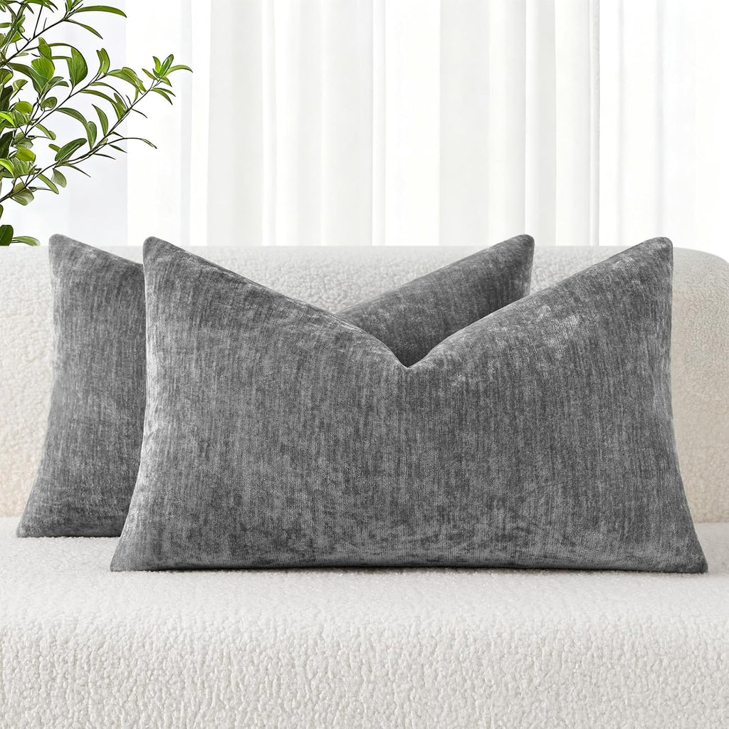 decorUhome Chenille Dark Grey Throw Pillow Covers 12x20 Inch Set of 2, Decorative Soft Couch Pillow Covers Solid Dyed Accent Velvet Farmhou…