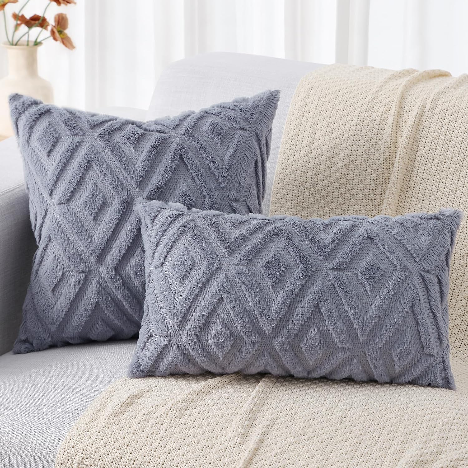 decorUhome Summer Couch Euro Sham Throw Pillow Covers 26x26 Set of 2, Decorative Soft Plush Faux Fur Wool Accent Pillow Covers for Modern F…