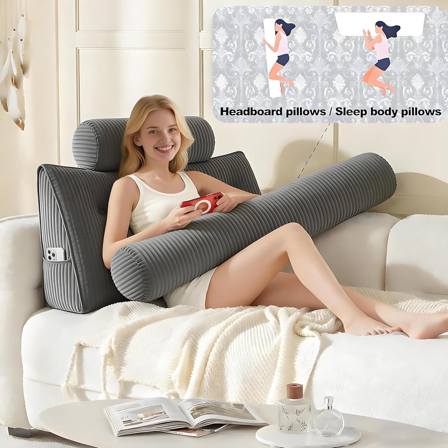 Headboard Pillow King, Large Triangular Wedge Cushion with Neck Roll Pillow for Reading Sitting Working, Backrest Positioning Support…