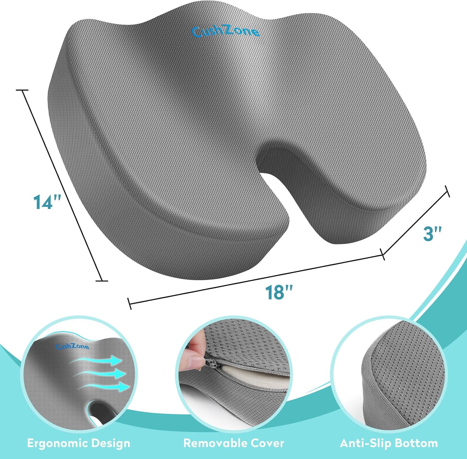 CushZone Office Chair Seat Cushion, Cooling Gel Enhanced Memory Foam Cushion for Long Sitting - Back, Sciatica, Coccyx, Tailbone Pillow - f…