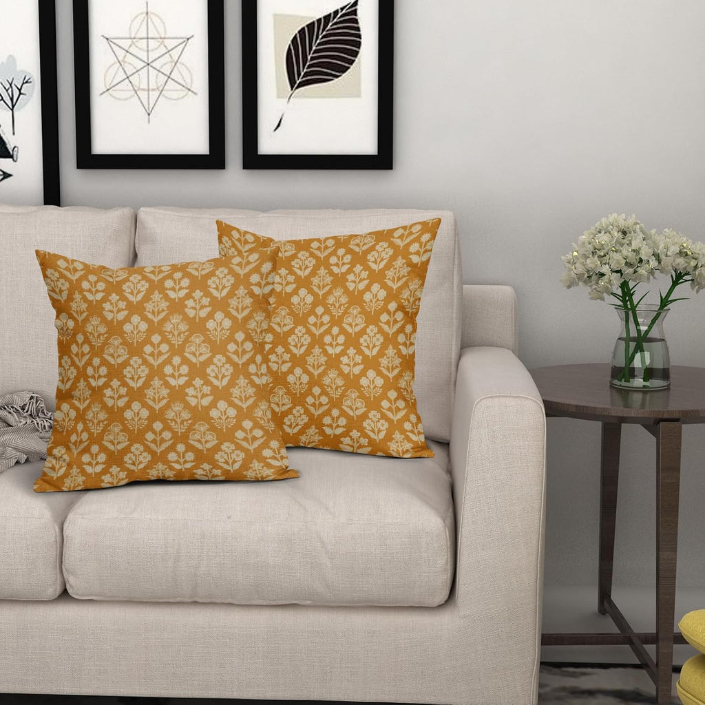 Mustard Yellow Floral Block Print Pillow Covers 18x18 Inch Set of 2, Vintage Flower Pattern Decorative Throw Pillowcases Outdoor…