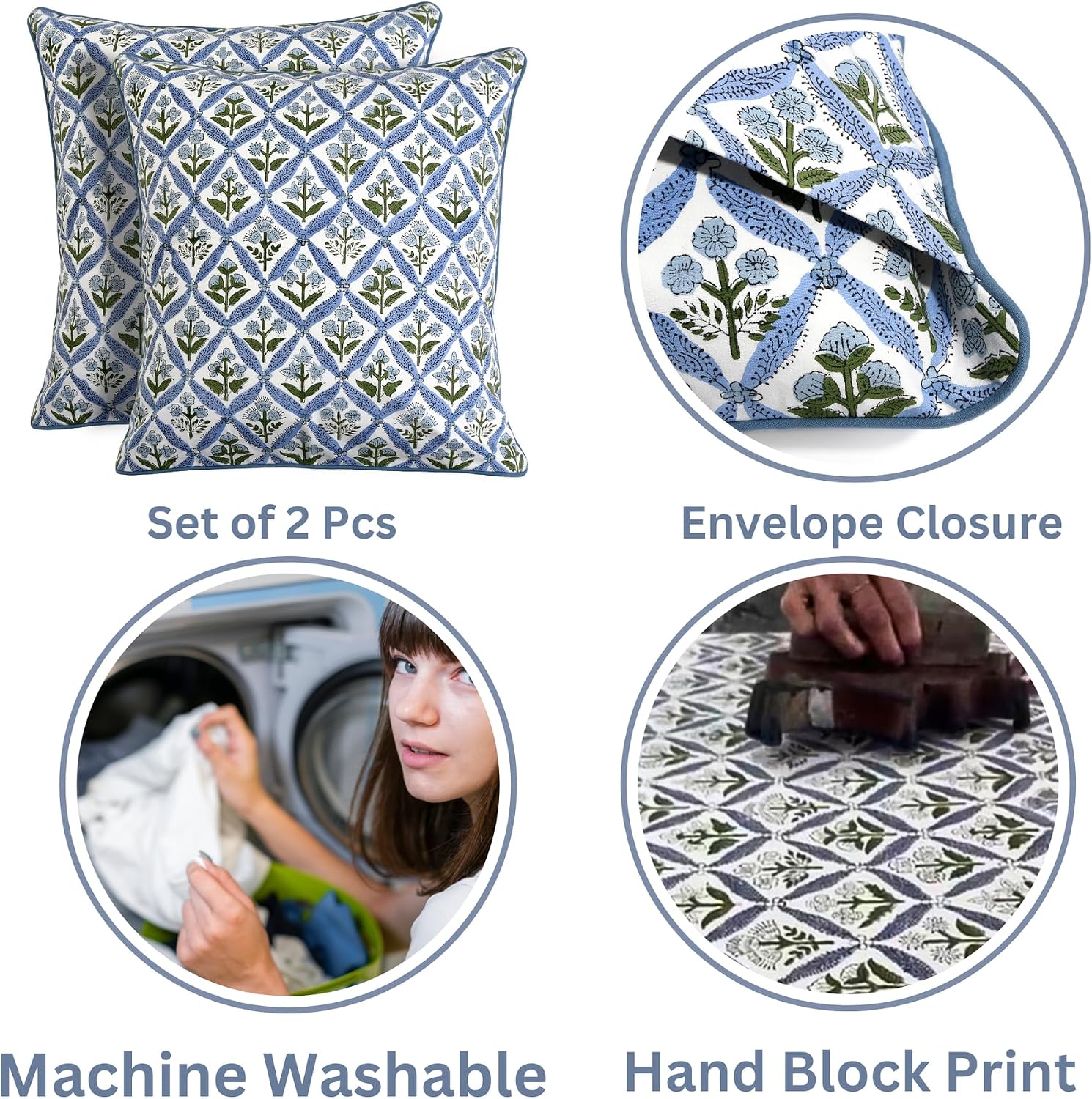Ridhi Block Print Light Steel Blue Pillow Cover 20" x 20" (Pack of 2) Decorative Couch Pillows for Living Room, Chic Boho Cute Outdoor Pill…