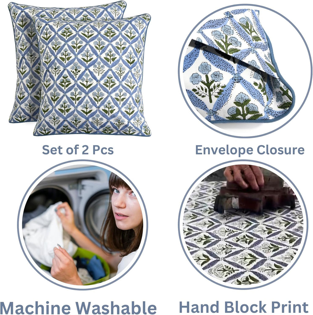Ridhi Block Print Light Steel Blue Pillow Cover 16" x 16" (Pack of 2) Decorative Couch Pillows for Living Room, Chic Boho Cute Outdoor Pill…