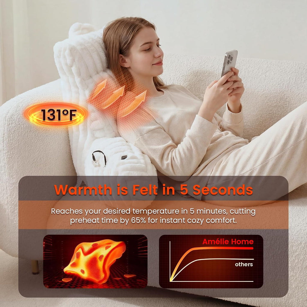 Amélie Home Heated Faux Fur Reading Pillow 3 Temperature Backrest for Sitting in Bed Support Cushion, USB-Powered(No Power Bank Included)…