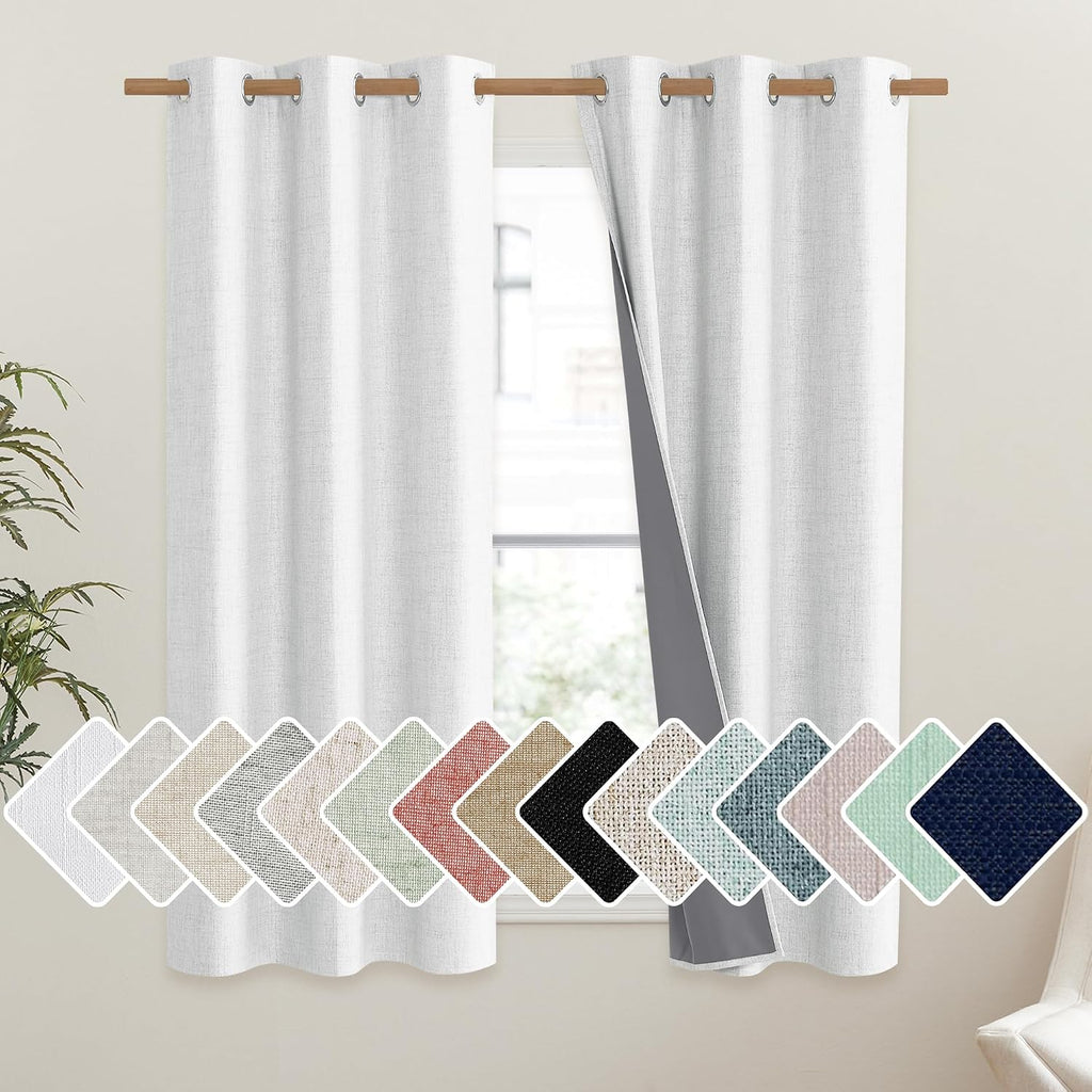 NICETOWN 100% Absolutely Blackout Linen Curtains with Thermal Insulated Liner, Greyish White, 42" Wide, 54" Length Energy Saving Curtains…