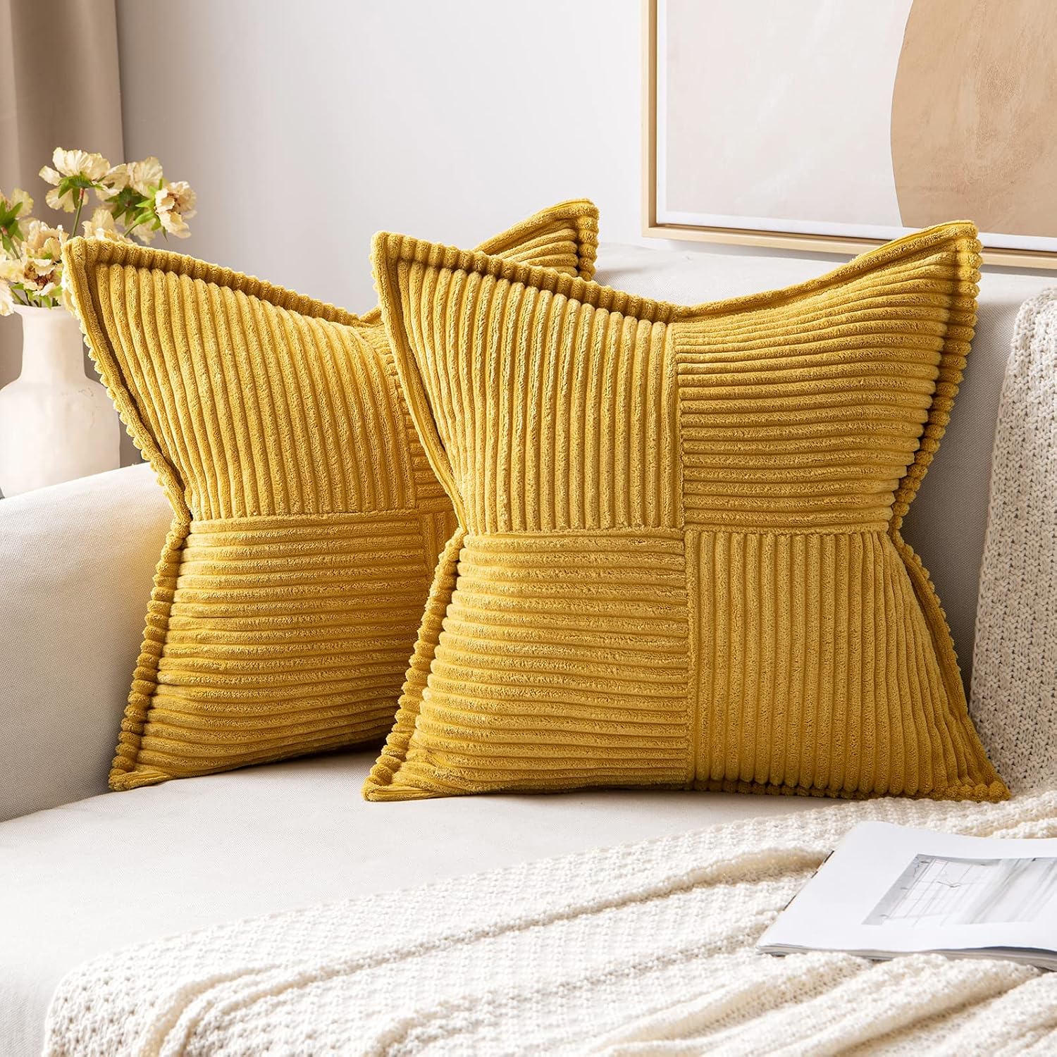 MIULEE Decorative Throw Pillow Covers for Couch Bed Livingroom 18x18 Inch Set of 2 Fall Mustard Yellow Boho Accent Throw Pllows Broadside…