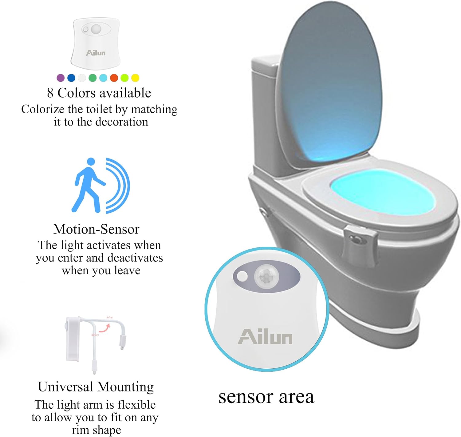 Ailun Toilet Night Light 3Pack Motion Activated LED Light 8 Colors Changing Toilet Bowl Illuminate Nightlight for Bathroom Battery Not…