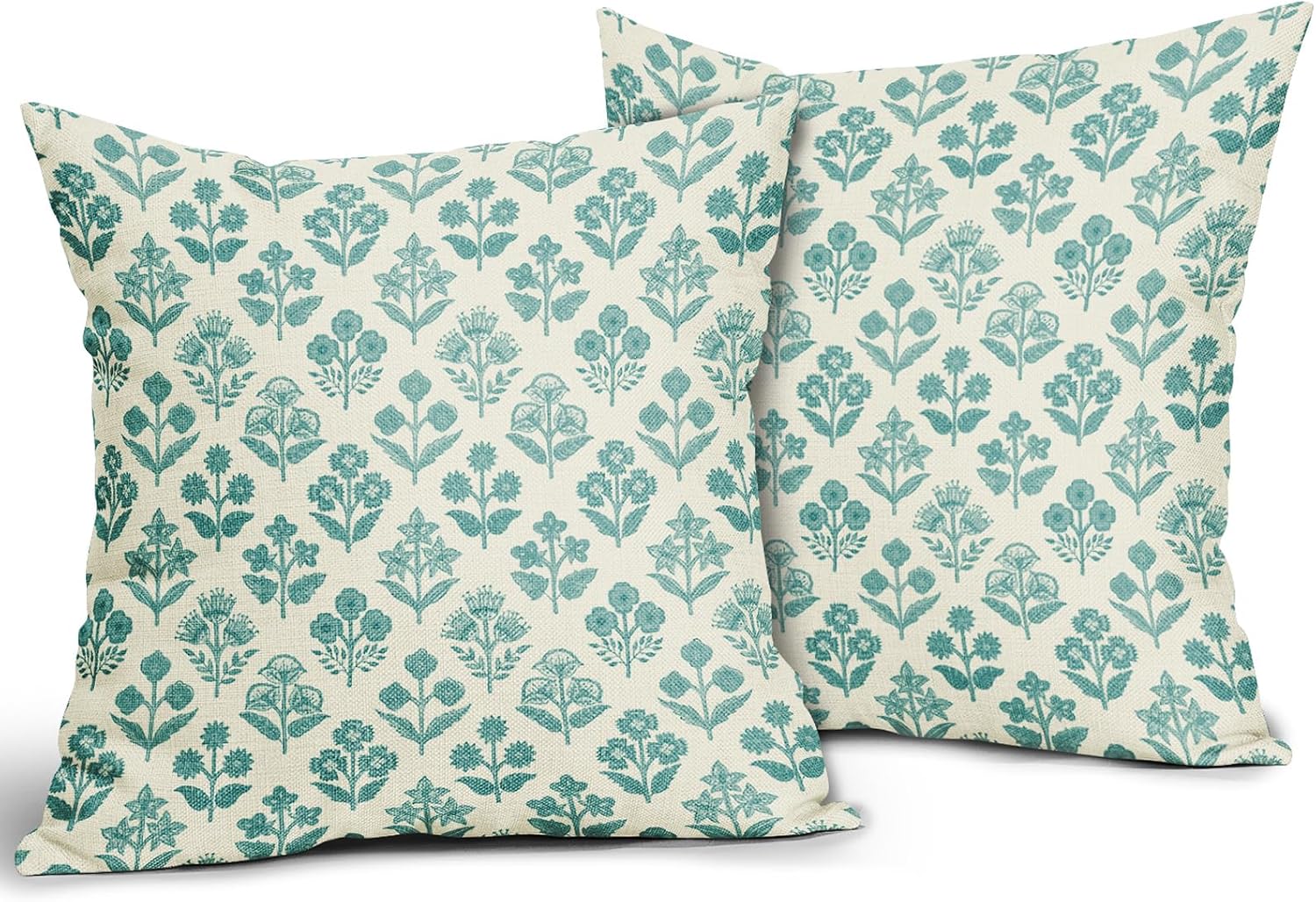 Teal Floral Pillow Covers 18x18 Inch Set of 2, Vintage Flower Block Print Pattern Decorative Throw Pillowcases Outdoor Farmhouse Cushion…