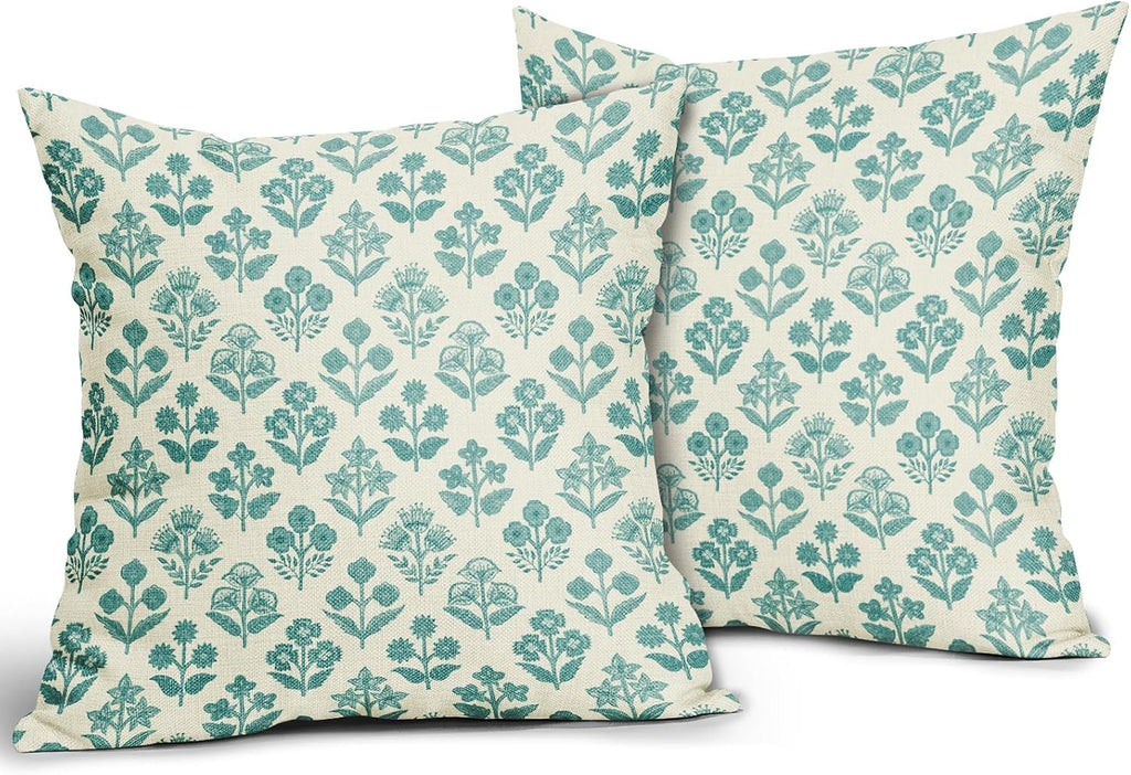 Teal Floral Pillow Covers 16x16 Inch Set of 2, Vintage Flower Block Print Pattern Decorative Throw Pillowcases Outdoor Farmhouse Cushion…