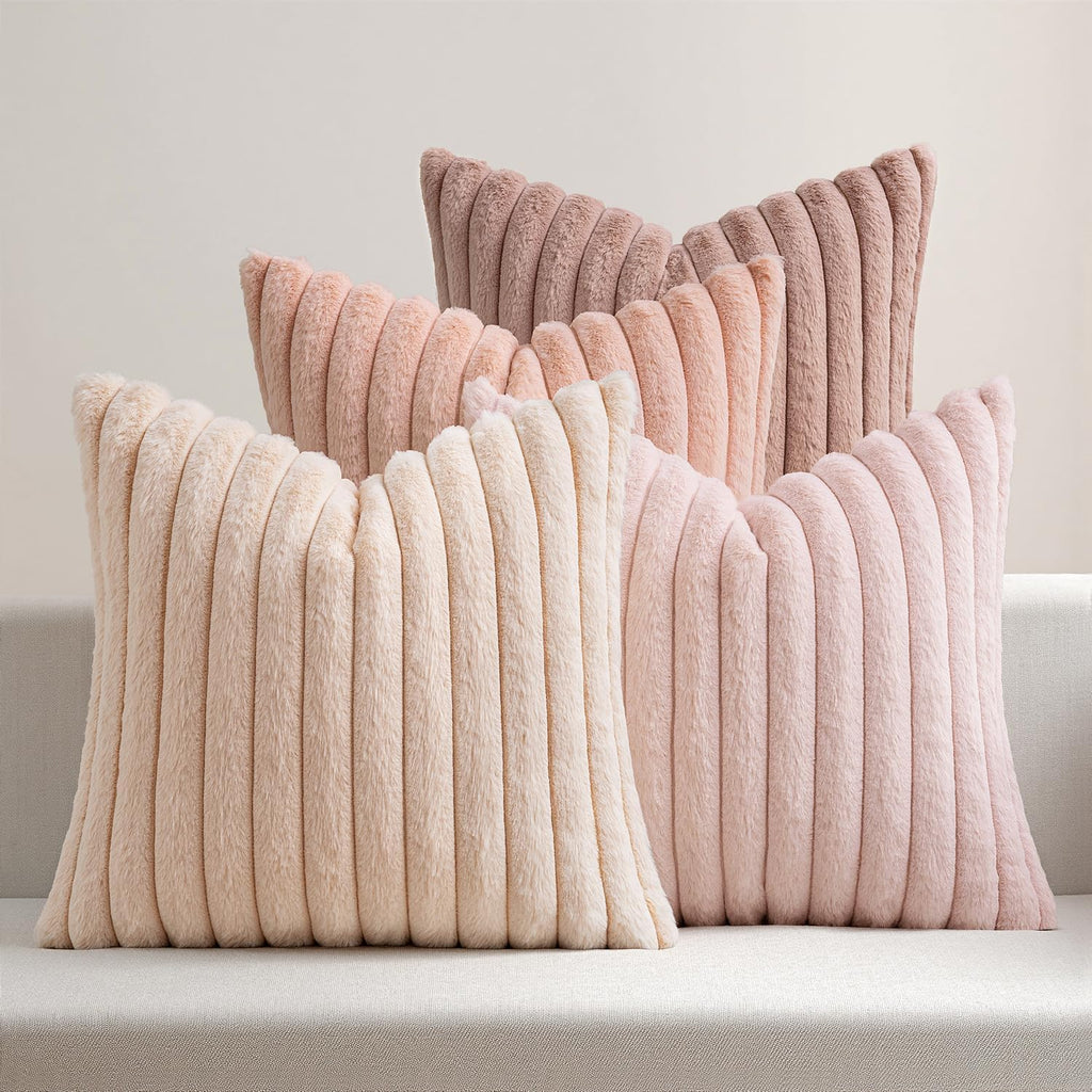 Miulee Faux Fur Plush Decorative Throw Pillow Covers 18x18 Set of 4, Valentine's Day Cute Modern Soft Romantic Fuzzy Striped Cushion Covers…