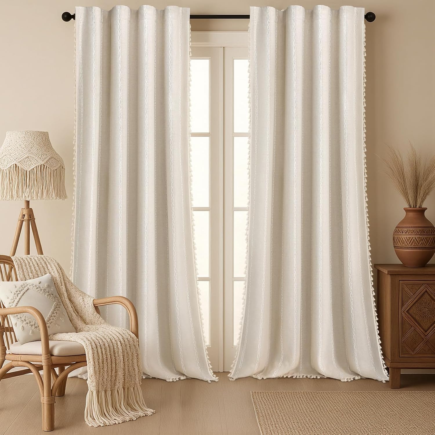 XOGUIBO Boho Blackout Curtains 96 Inches Long Beige Linen Blend 2 Panels with Tassels and Cotton Embroidery, Farmhouse Vintage Rusti…