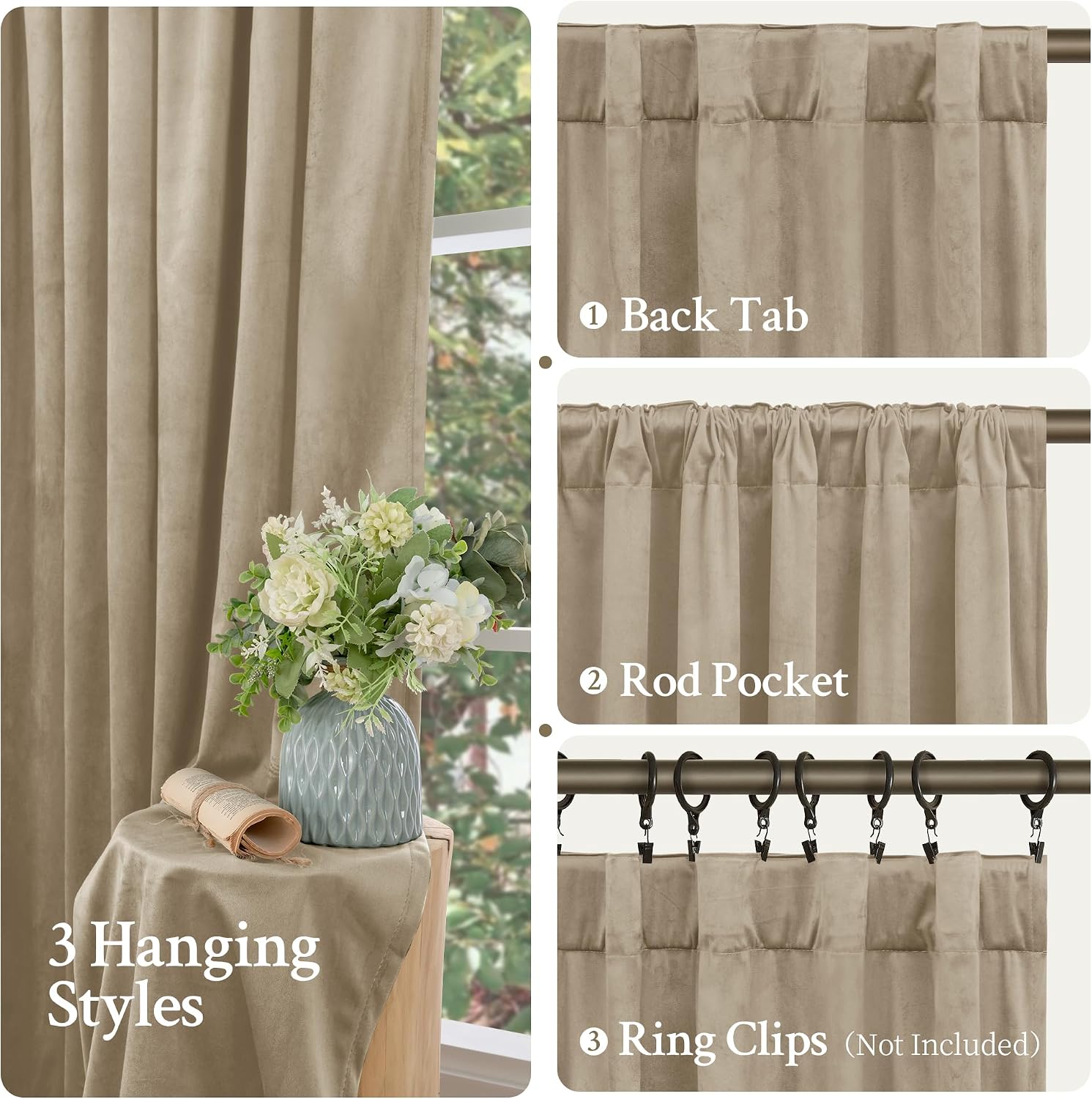 Lamit Taupe Velvet Curtains 120 Inch for Living Room, Thick Thermal Insulated Room Darkening Drapes Super Soft Elegant Back Tab and Rod Poc…