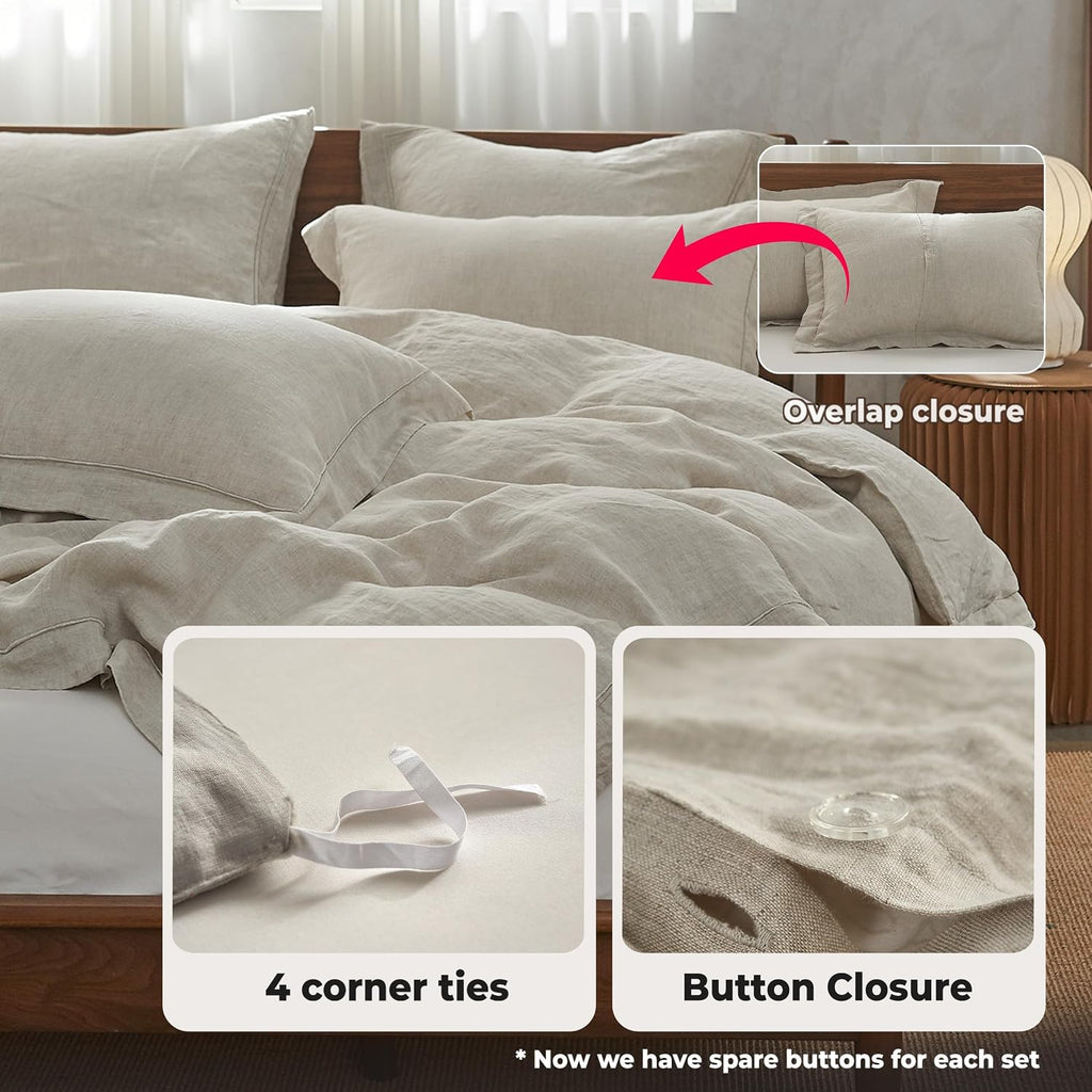 Simple&Opulence 100% Washed Linen Duvet Cover with Embroidered, 3 Pieces Soft Farmhouse Comforter Set with Button Closure, 1…