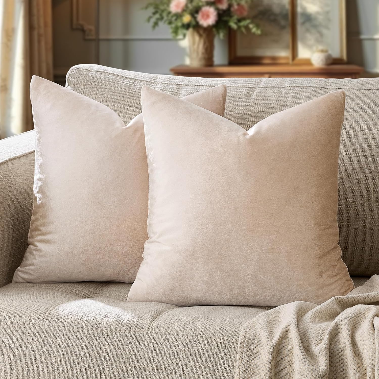 GIGIZAZAFocusingonhomedecoration GIGIZAZA 24x24 Beige Pillow Covers: Pack of 2 Champagne Vintage Throw Pillows Super Soft Velvet Covers - D…