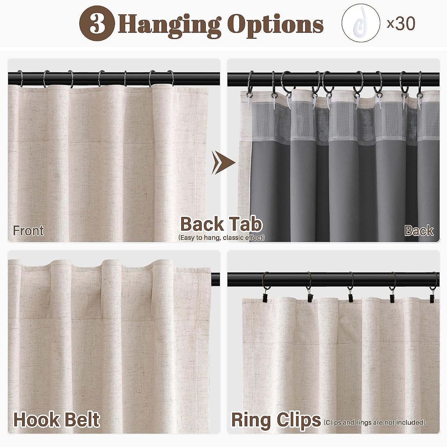 Guken Oatmeal 100% Blackout Linen Curtains for Bedroom 108 Inch Length Hook Belt Textured Neutral Room Darkening Thermal Insulated Soundpro…