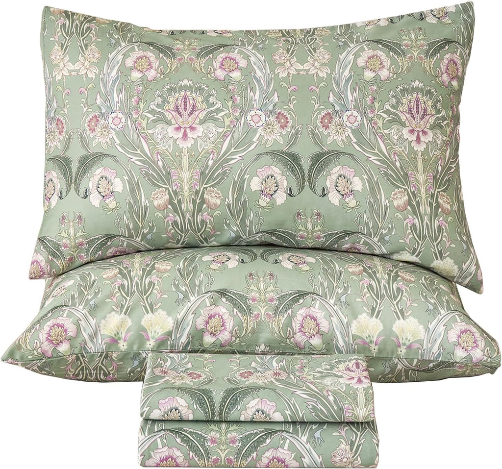 Softtouchsweetdreams Boho Sheets Silky Green Floral Bed Sheet Set Queen Size 100% Cotton Satin Weave Botanical Leaf Printed Cooling Sheets…