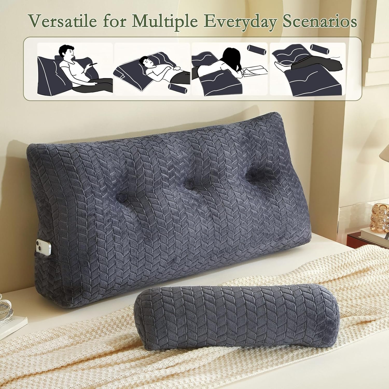 Yourmoon YOUR MOON Wedge Headboard Pillow Twin Size, Triangular Wedge Backrest Pillow with 1 Pack Neck Roll Pillows, Headboard Pillow for B…