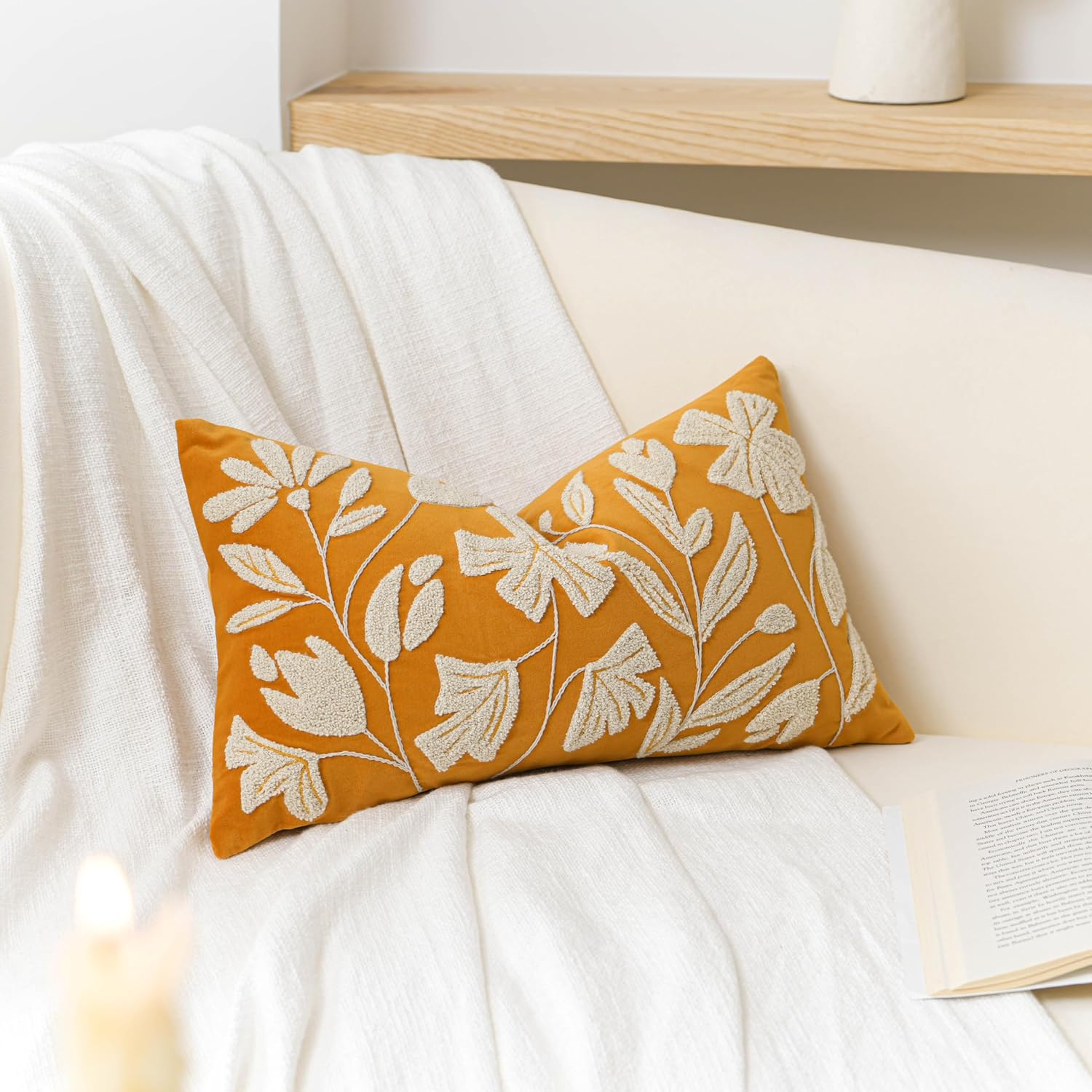 BlissBlush 12x20 Lumbar Pillow Cover, Mustard Yellow Rectangular Decorative Throw Pillowcase for Couch Sofa, Floral Tufted Embroidered…