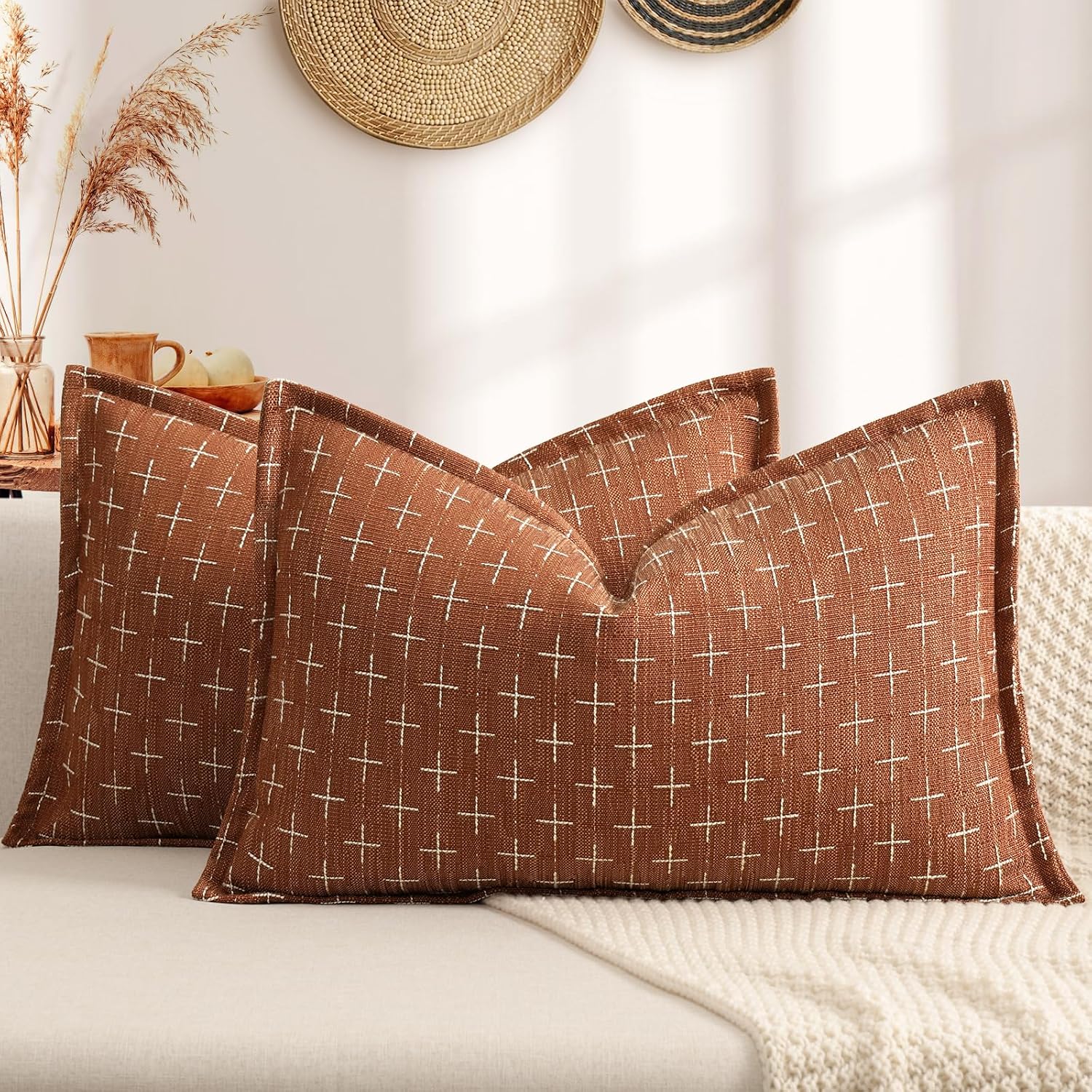 Zwjd Fall Pillow 12x20 Pillow Covers Set of 2 Soft Polyester Textured Rust Pillow Covers with Stylish Flange Edge Cozy Farmhouse Throw Pill…