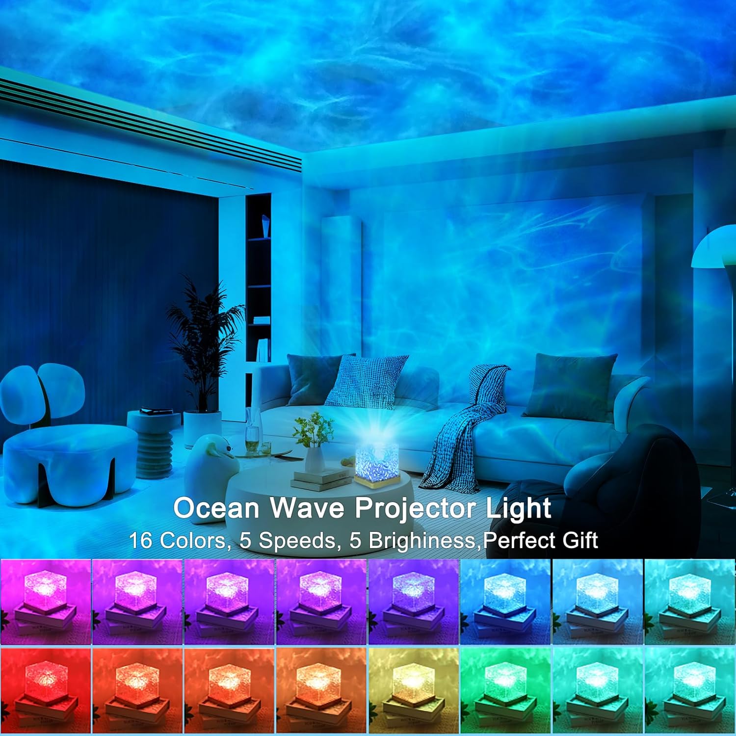 Ocean Wave Projector Light, 16 Colors Luminorthe Cube Lamp, 3D Holographic Water Ripple Lamp with Remote Control, Night Light for…